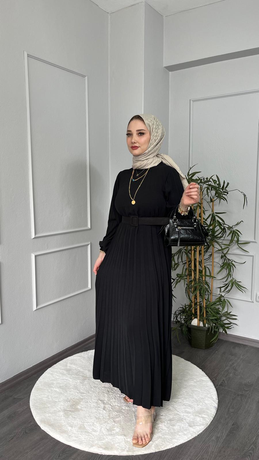 Modabef Boydan Pileli Ayrobin Elbise - SİYAH