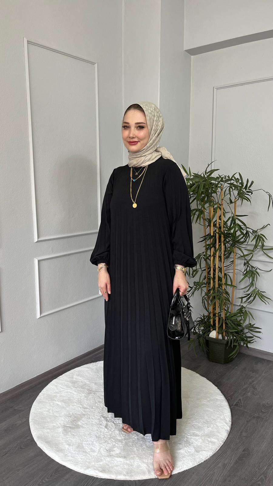 Modabef Boydan Pileli Ayrobin Elbise - SİYAH