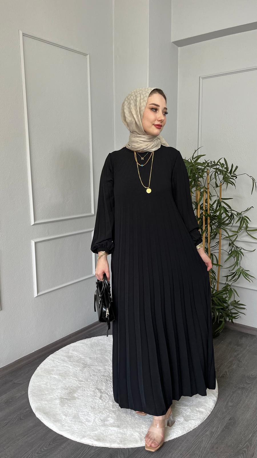 Modabef Boydan Pileli Ayrobin Elbise - SİYAH