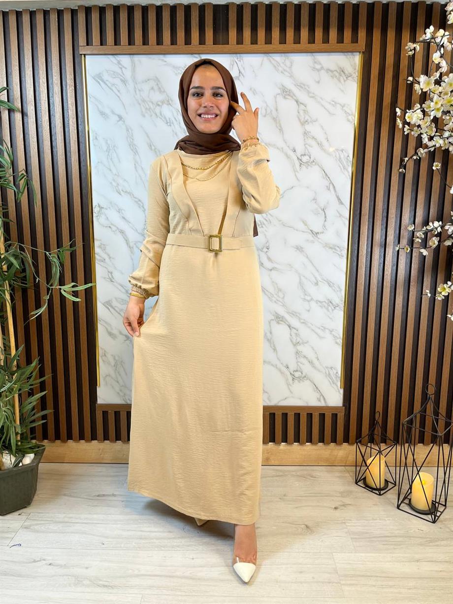 Modabef Kemerli Bej Lady Elbise