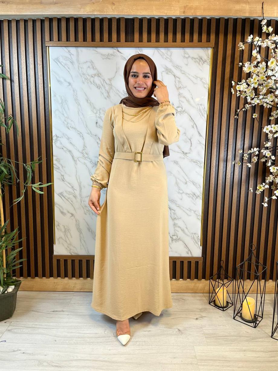 Modabef Kemerli Bej Lady Elbise