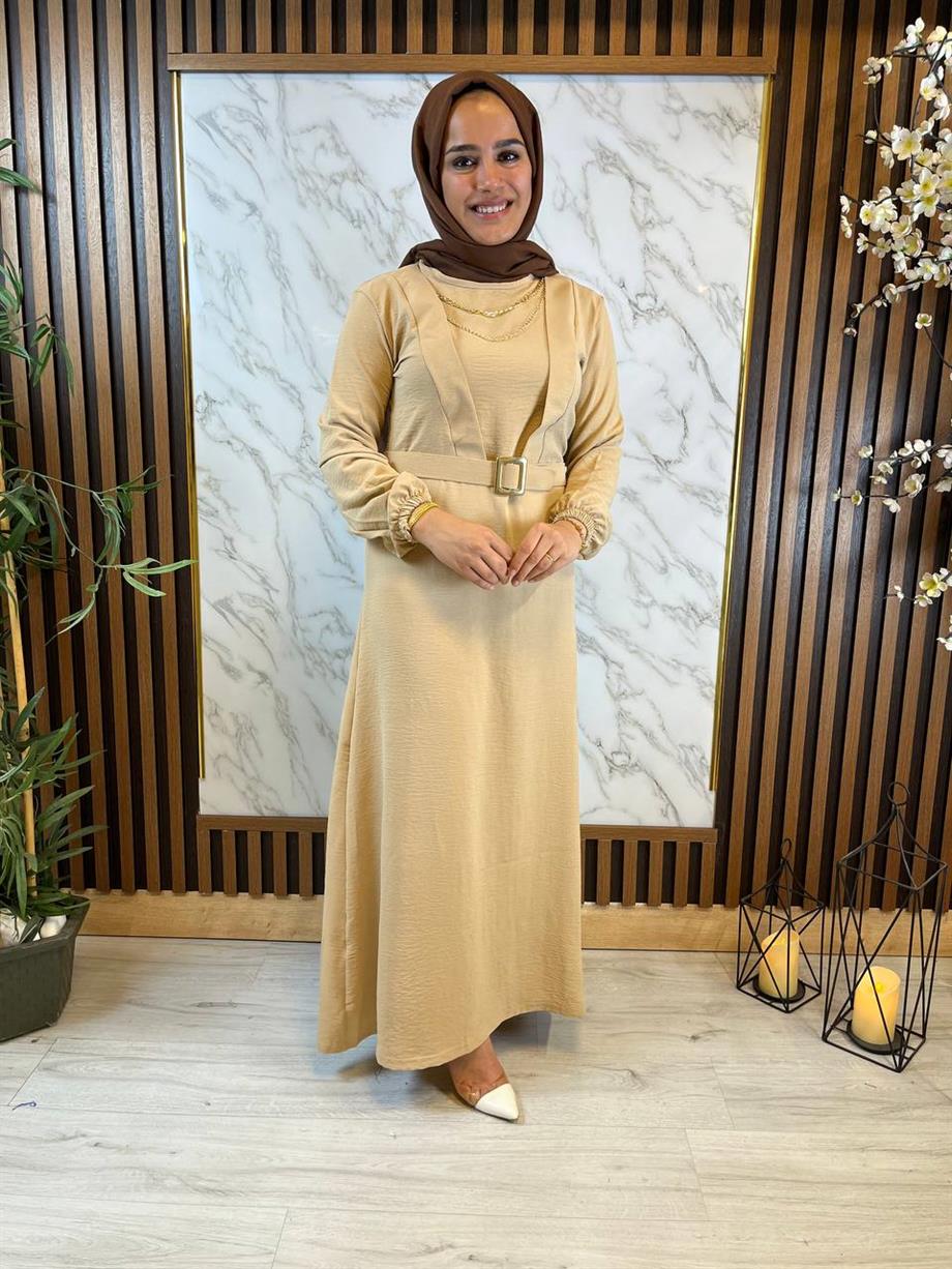 Modabef Kemerli Bej Lady Elbise