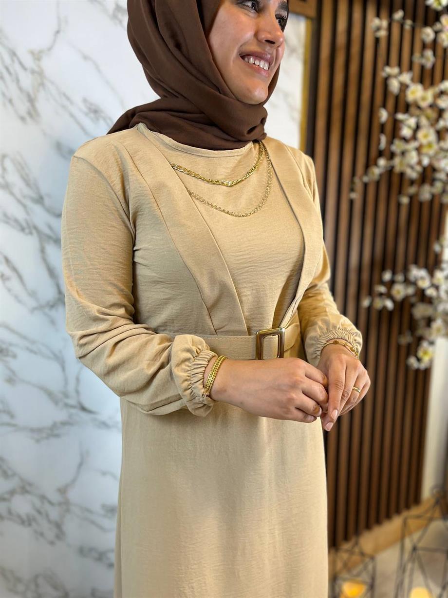 Modabef Kemerli Bej Lady Elbise