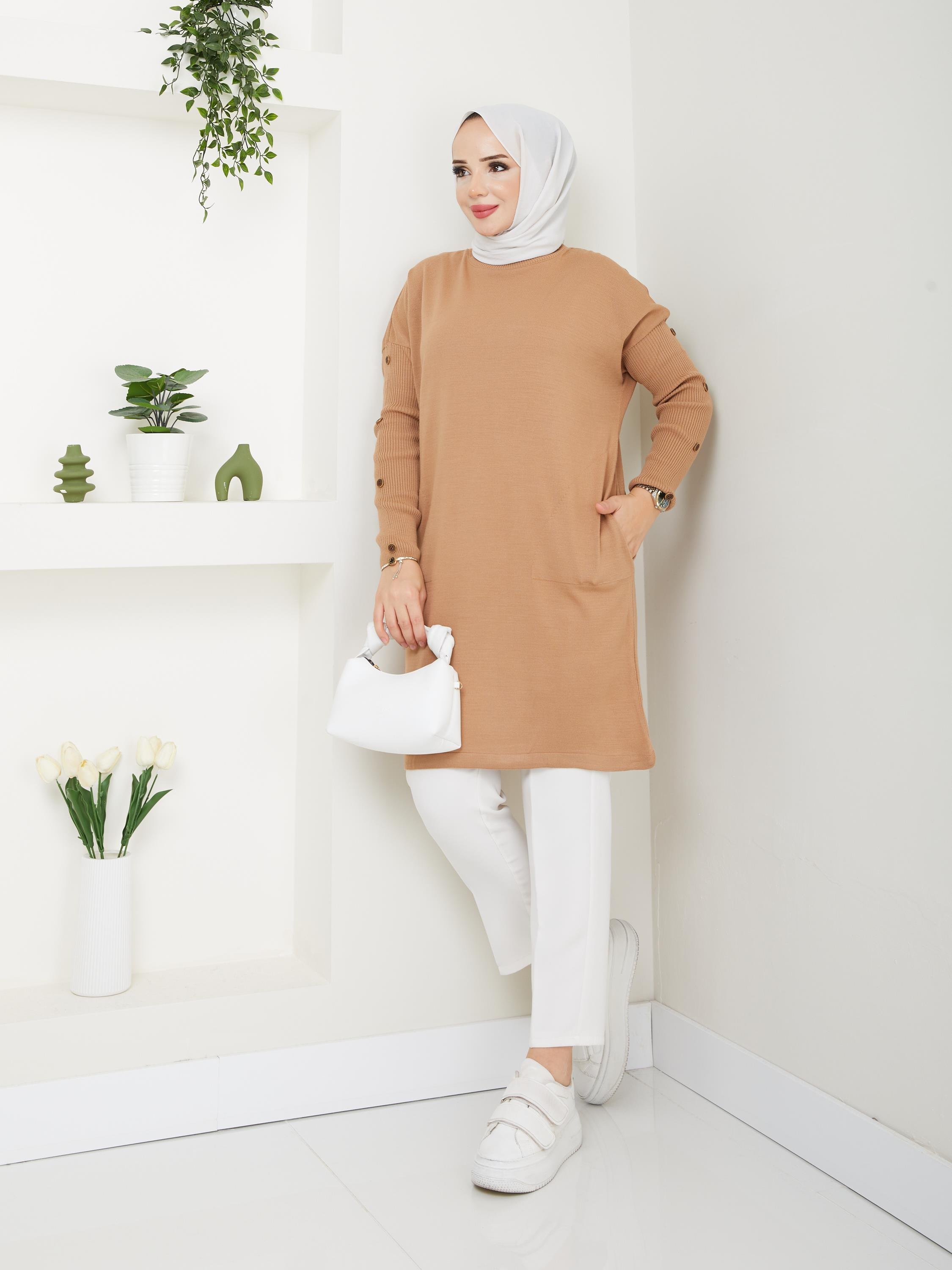 Modabef Uzun Düğmeli Triko Tunik - Bisküvi