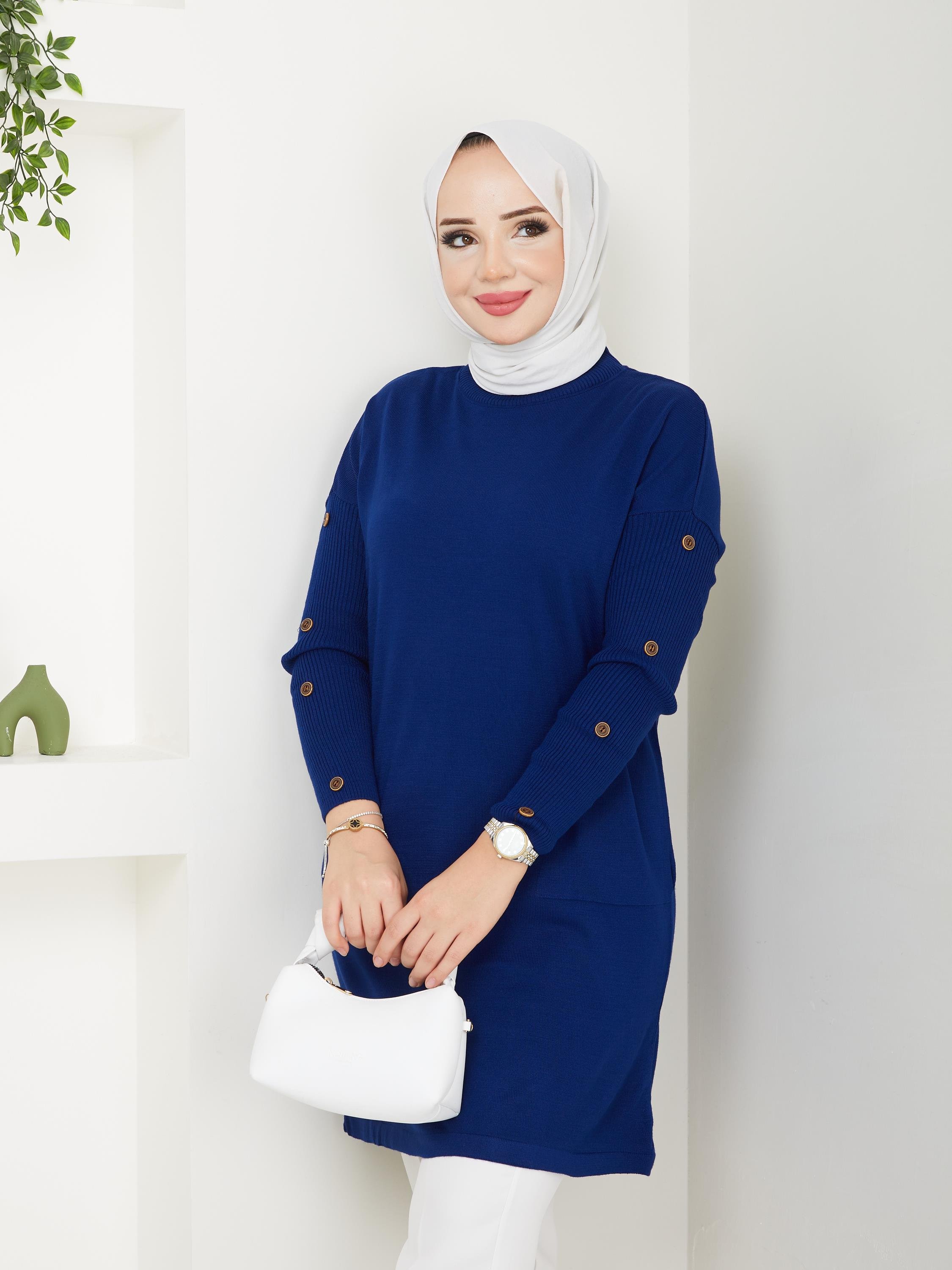 Modabef Uzun Düğmeli Triko Tunik - Lacivert