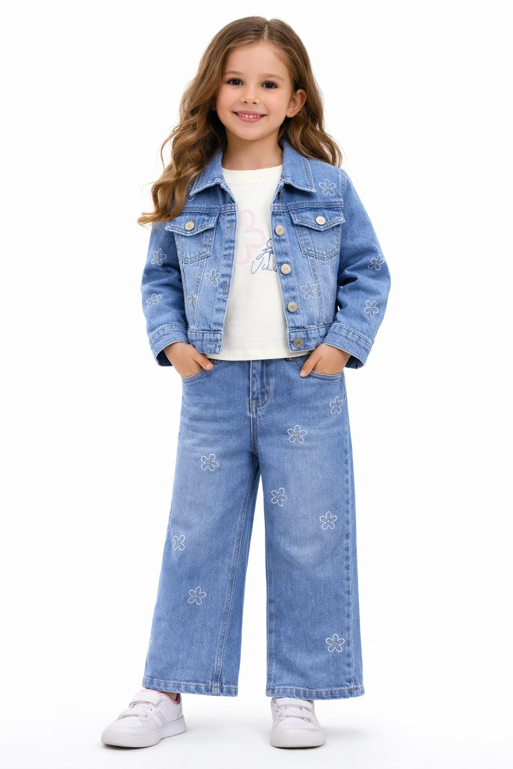 Çiçek ve Taş Detaylı Denim Takım 5-8 yaş 