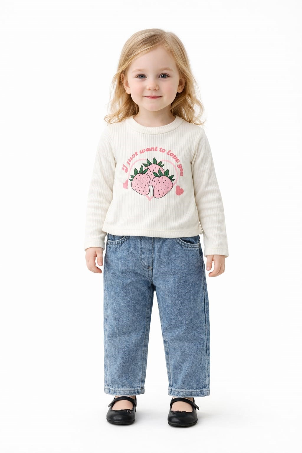Çilek Detaylı Tırıko Hırka Badi Kot Pantolon 2-5 Yaş Pembe-Ekru Kız Takım