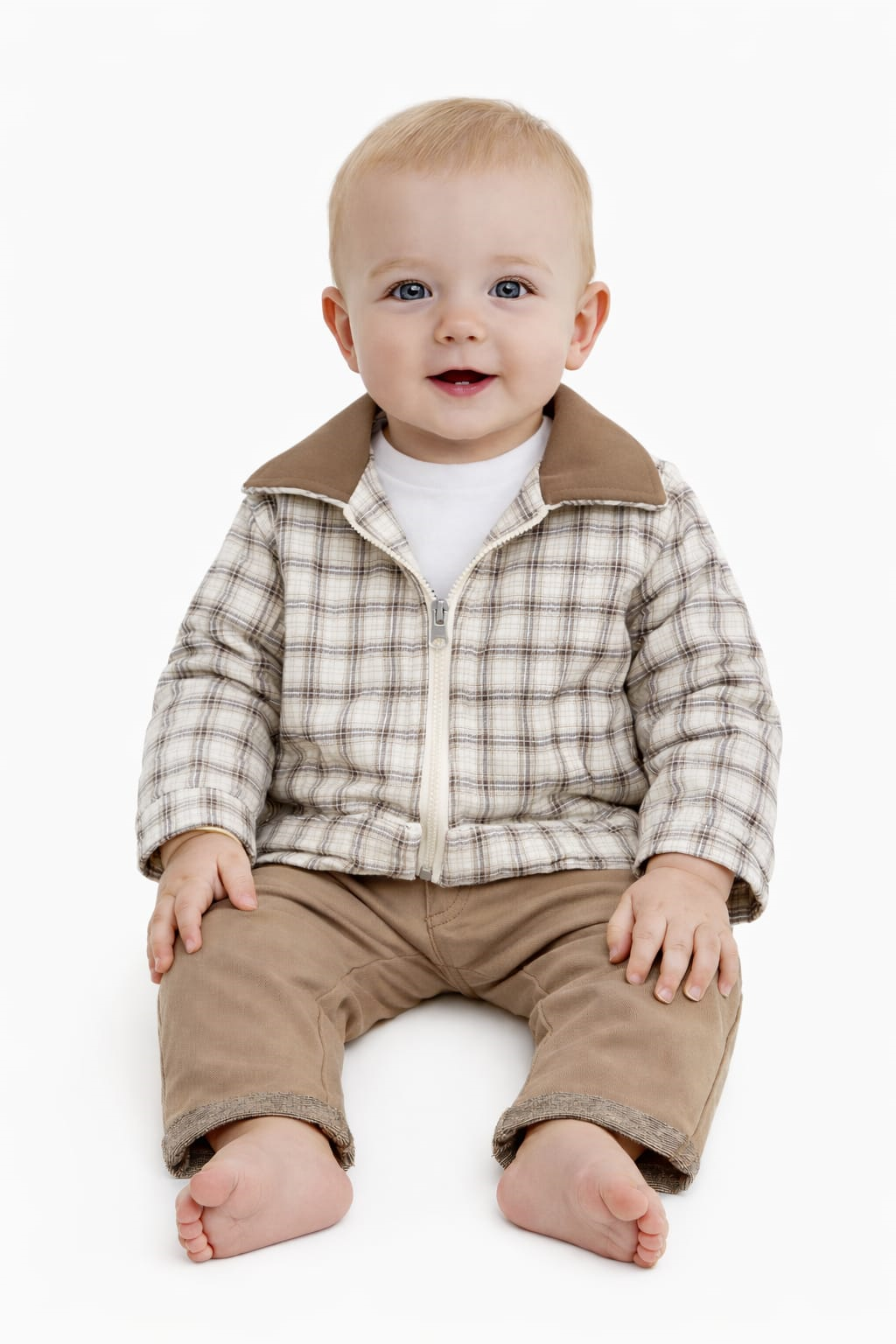 Fermuarlı Ceket Pantolon Bebek Takım 9-24 Ay  Ekose kahve Çizgili