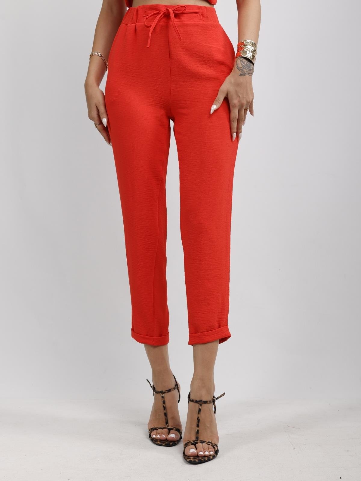 Z1222 Lastikli Havuç Paça Pantolon - Kırmızı