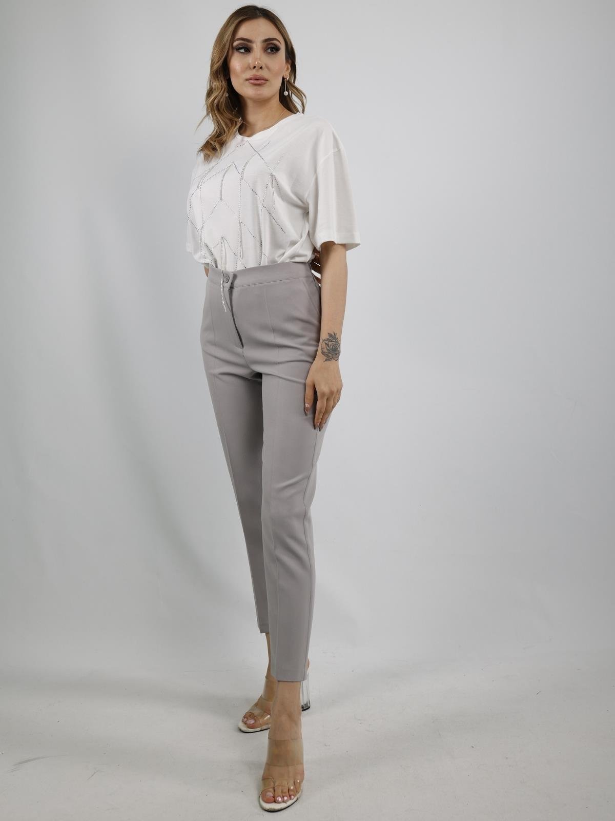 Z1377 Beli Lastikli Kumaş Pantolon - Gri