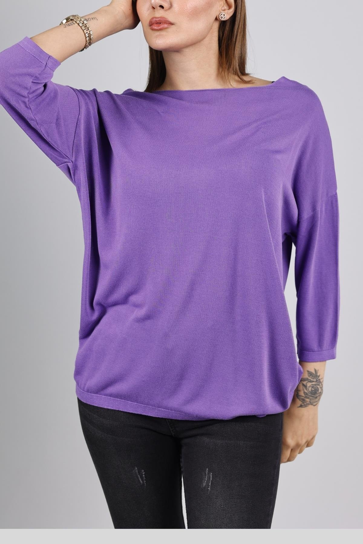 Z1457 Bisiklet Yaka Triko - Mor