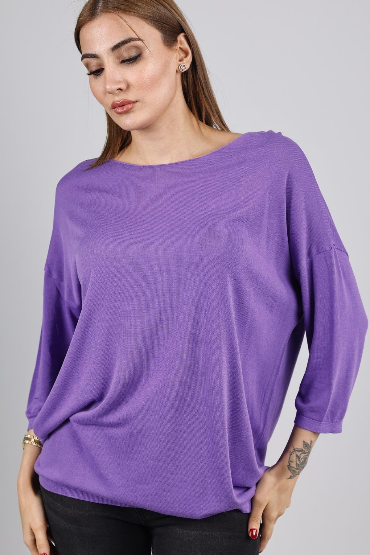 Z1457 Bisiklet Yaka Triko - Mor