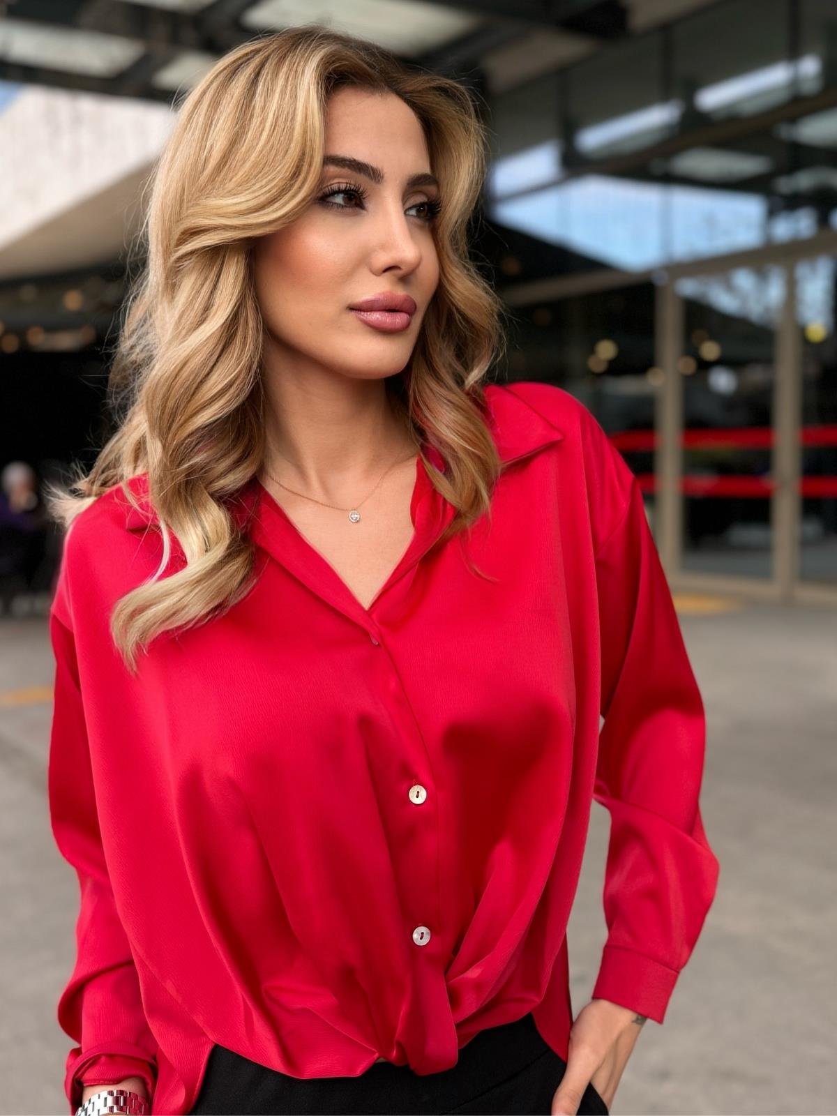 Z1467 Önden Bağlamalı Gömlek - Kırmızı