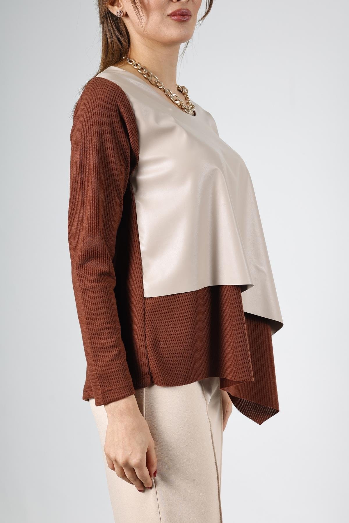 Z1478 Asimetrik Deri Bluz - Kahve