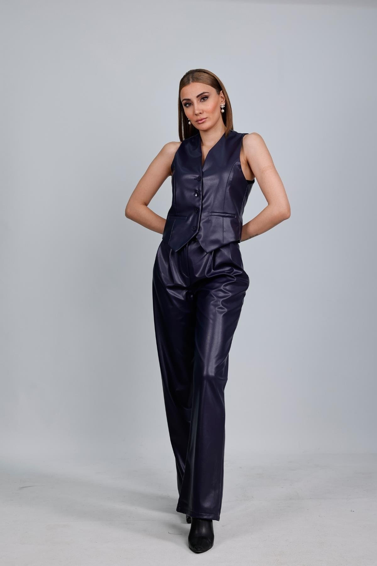 Z1488 Cırtlı Deri Palazzo Pantolon - Lacivert