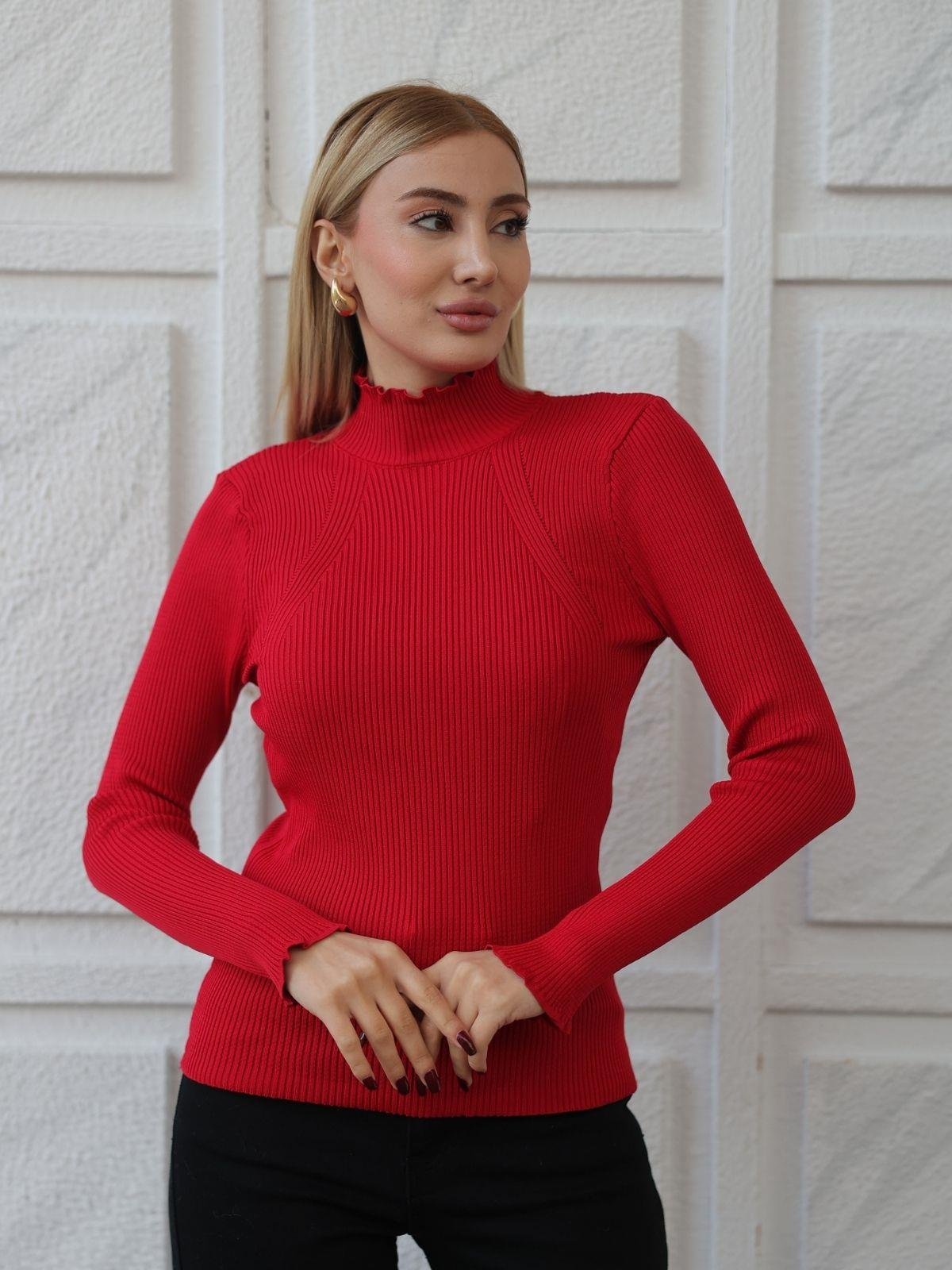 Z1585 032 Yarım Balıkçı Yaka Kazak - Kırmızı