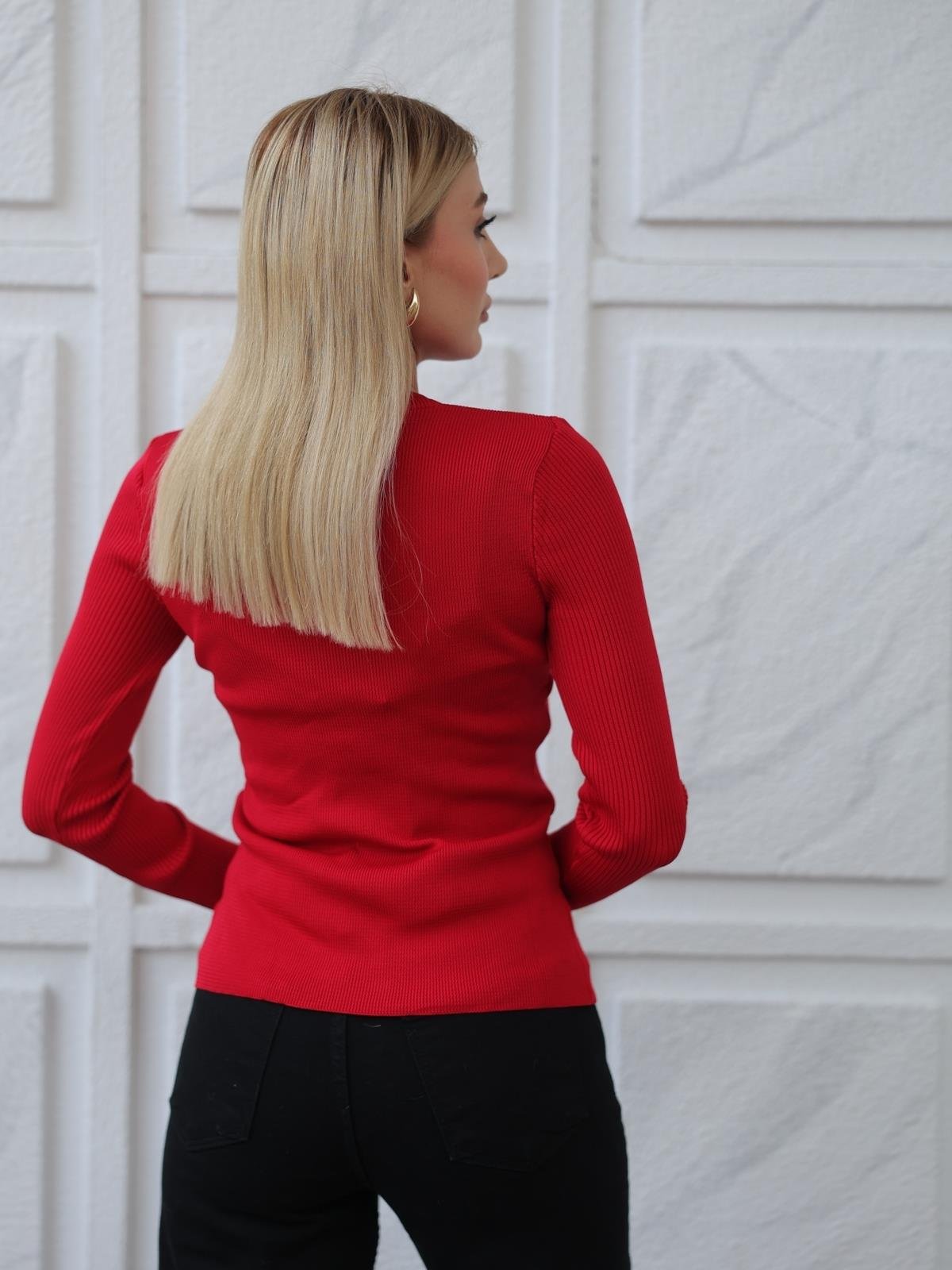 Z1588 Bisiklet Yaka Kazak - Kırmızı