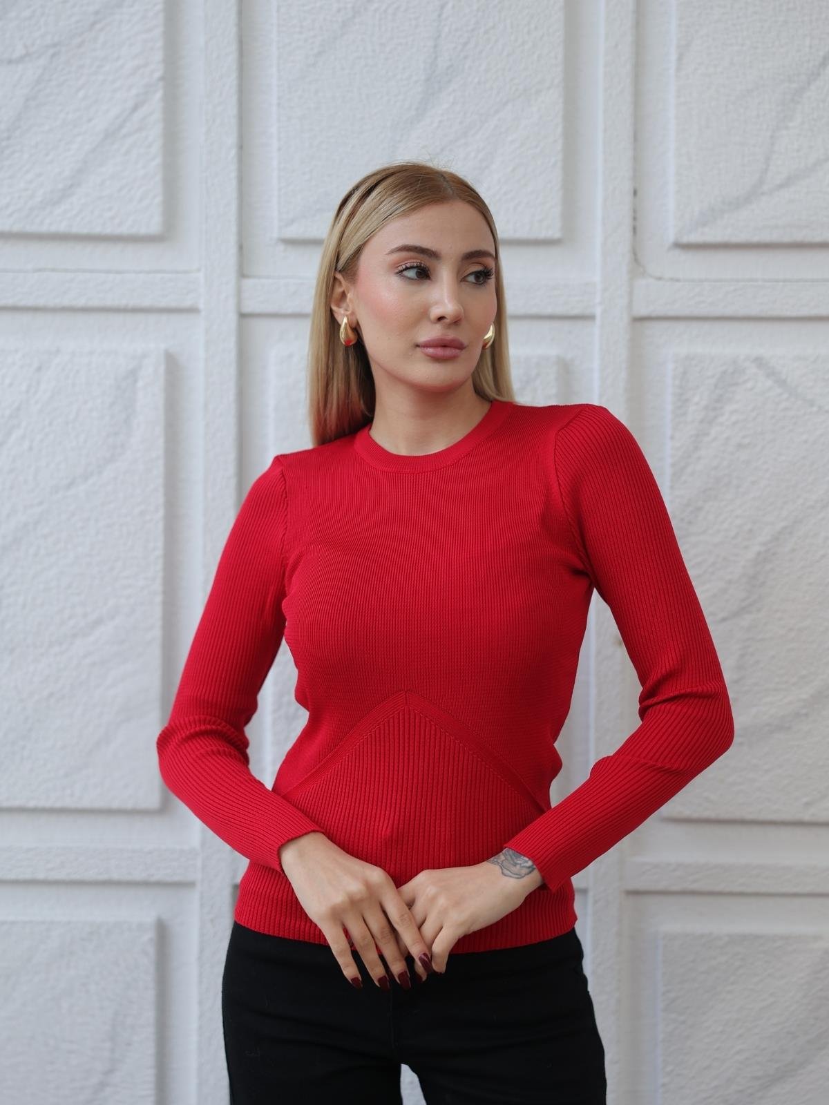 Z1588 Bisiklet Yaka Kazak - Kırmızı