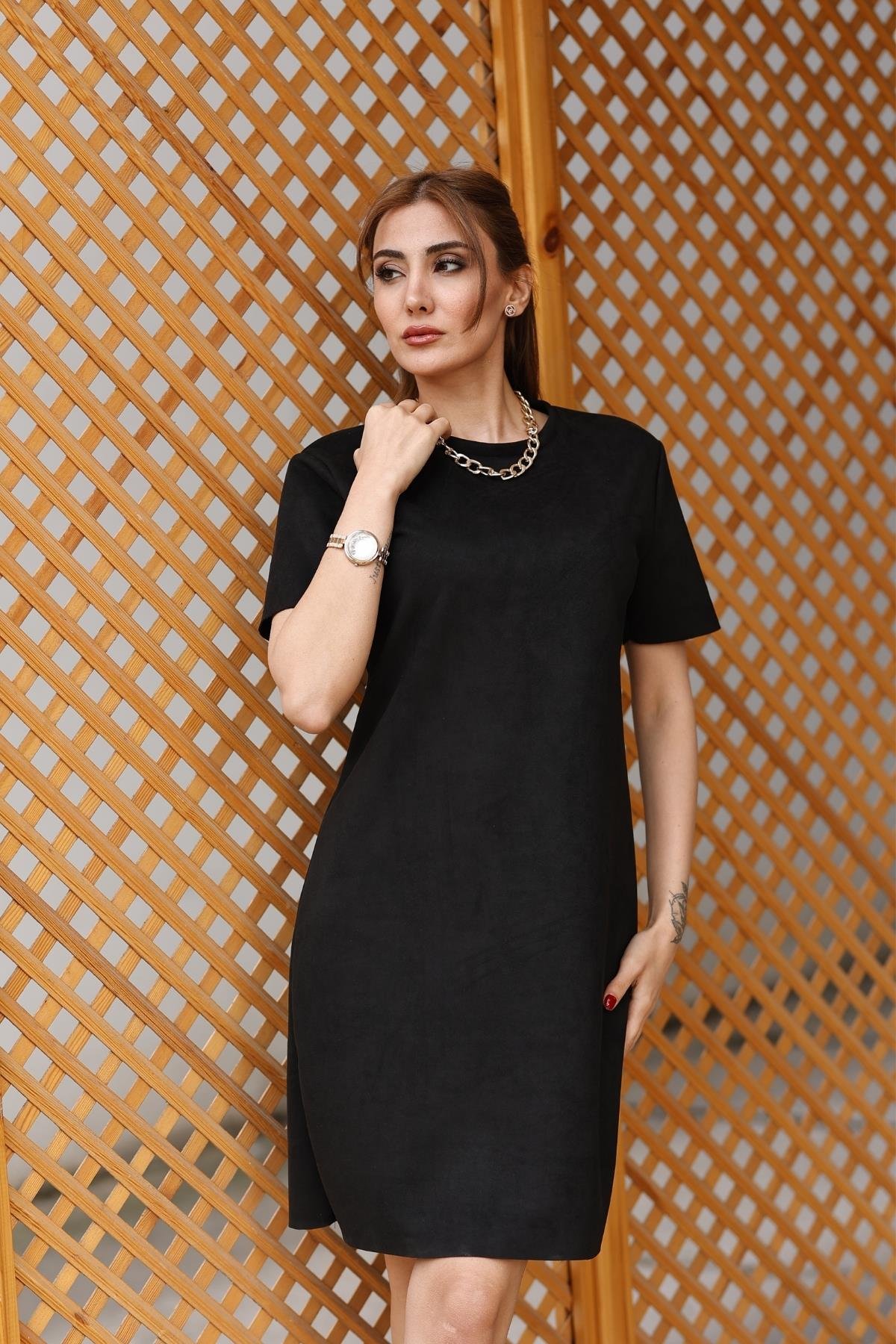 Z1610Y Bisiklet Yaka Basic Elbise - Siyah