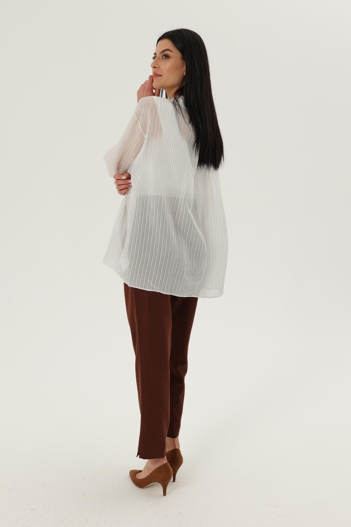 Z1675 Düşük Omuzlu Çizgili Gömlek - Açık Gri