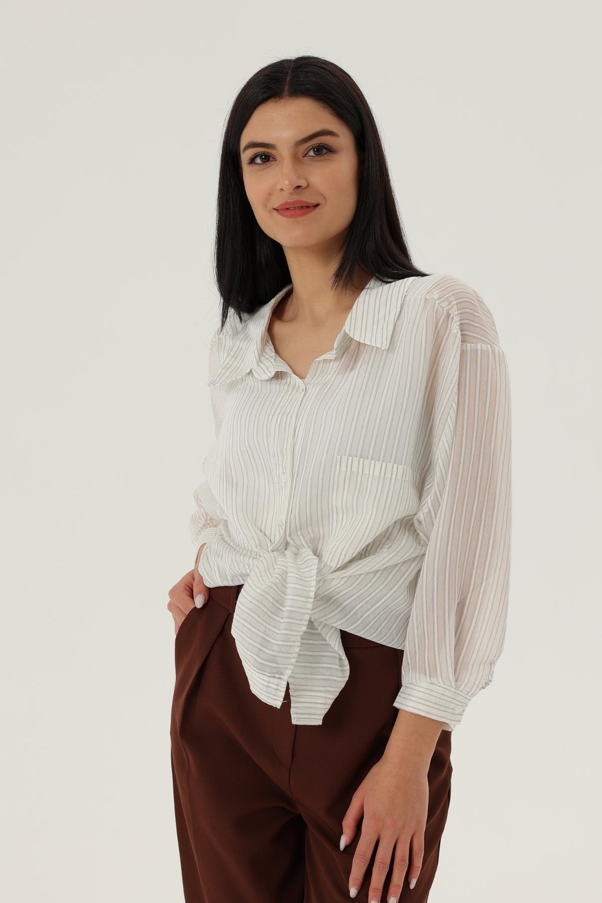 Z1675 Düşük Omuzlu Çizgili Gömlek - Açık Gri