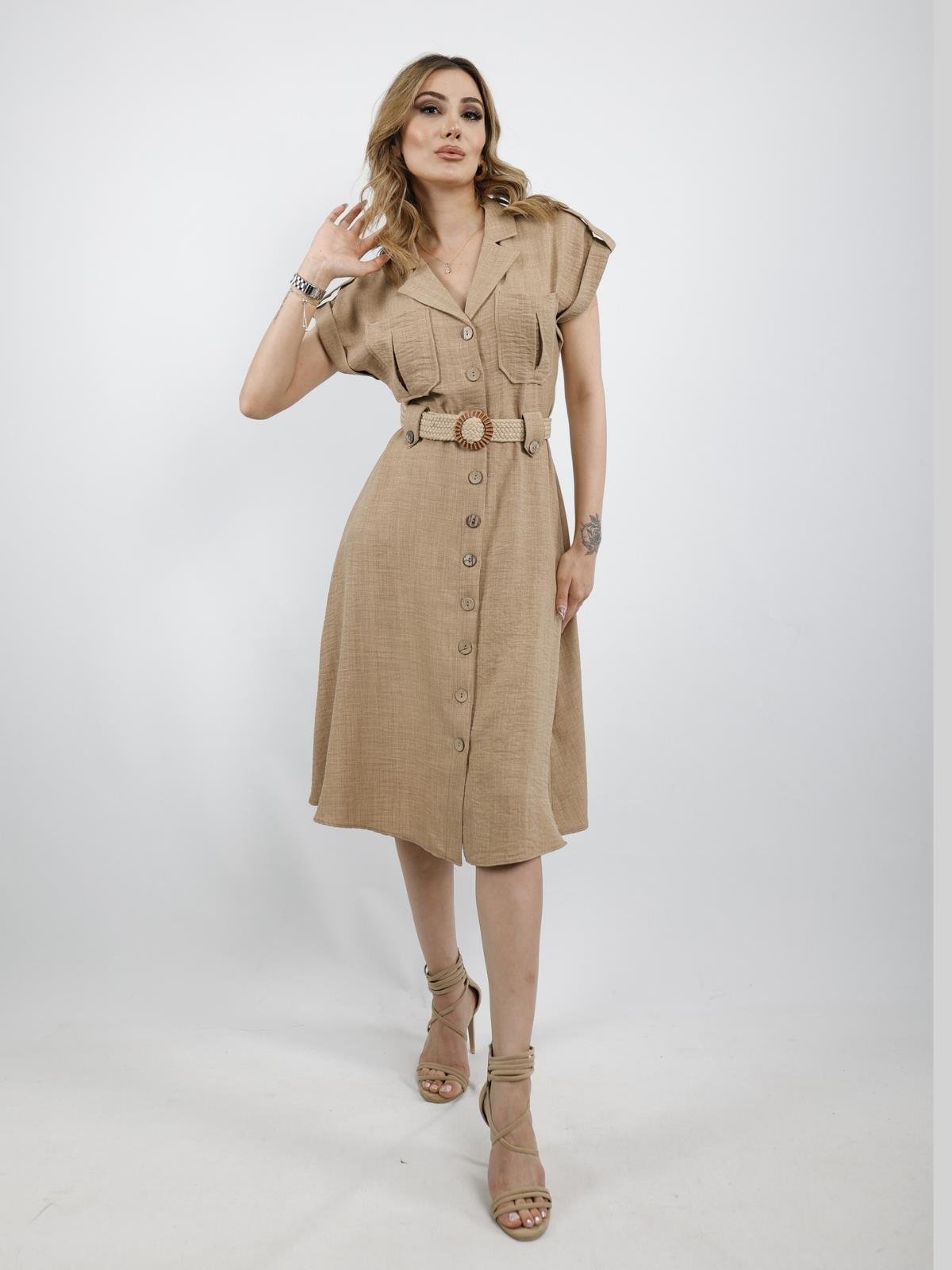 Z1718 Yakalı Düşük Omuz Elbise - Taş