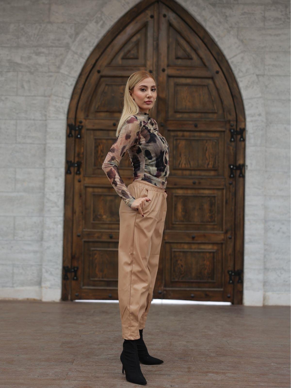 Z1943 Paça Pilili Deri Pantolon - Vizon