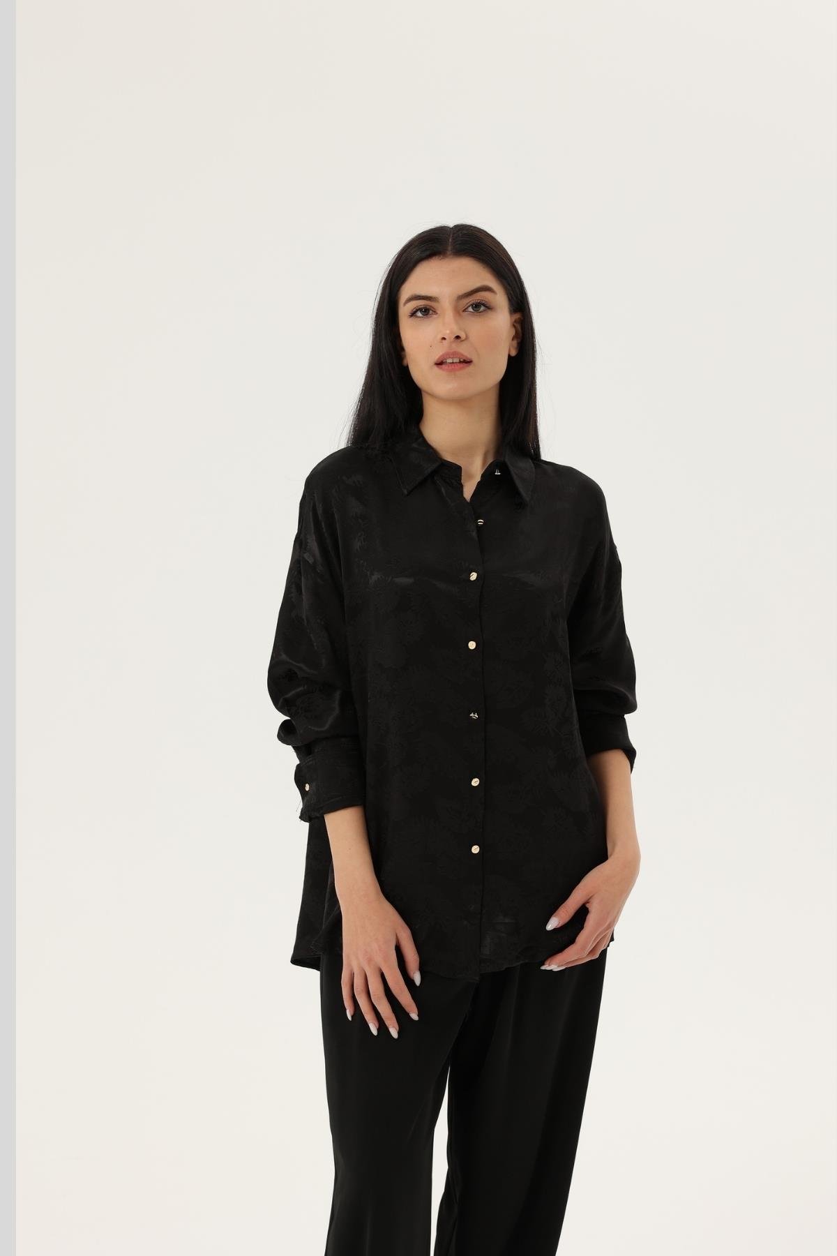 Z1995 3982 Jakarlı Saten Gömlek - Siyah
