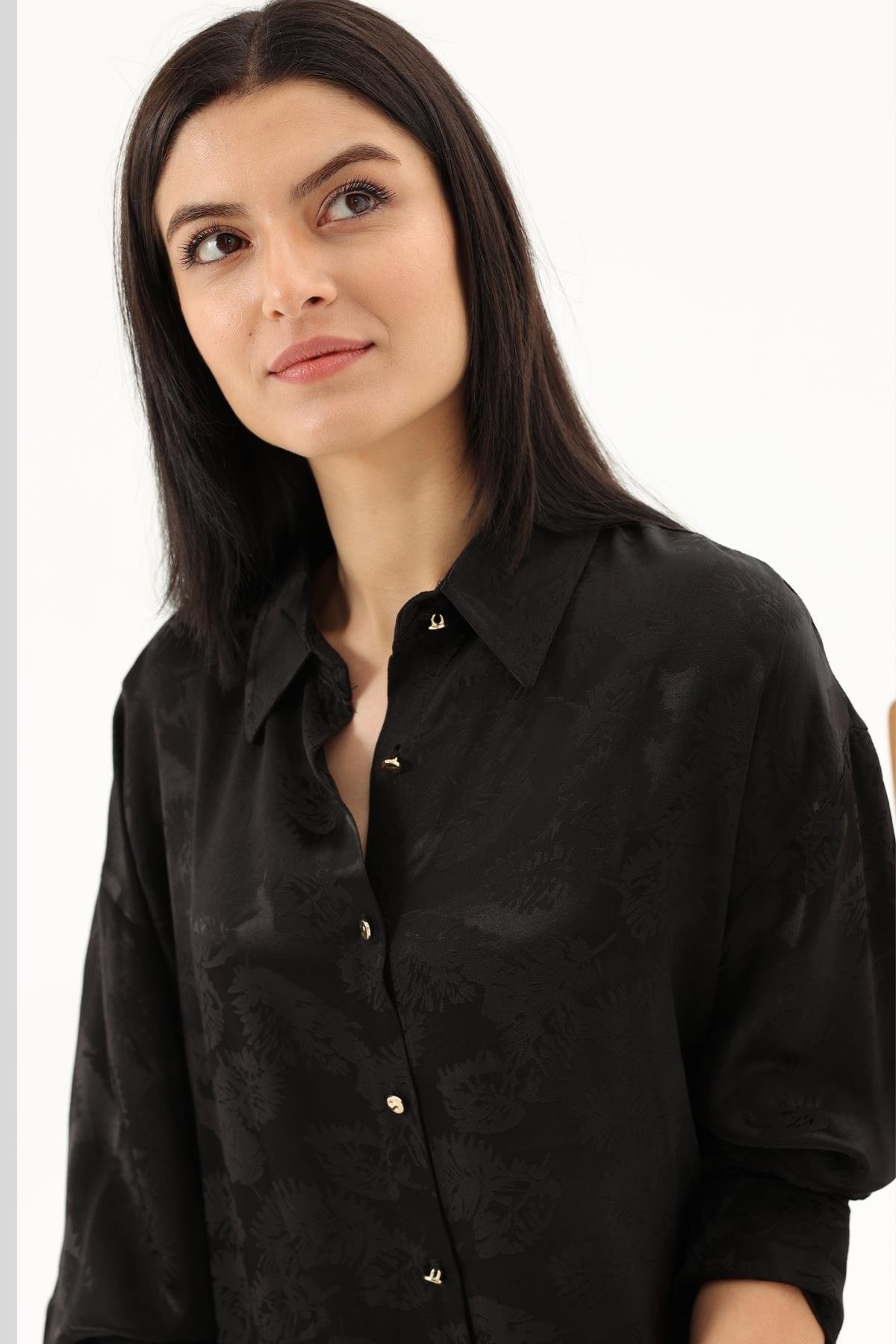 Z1995 3982 Jakarlı Saten Gömlek - Siyah