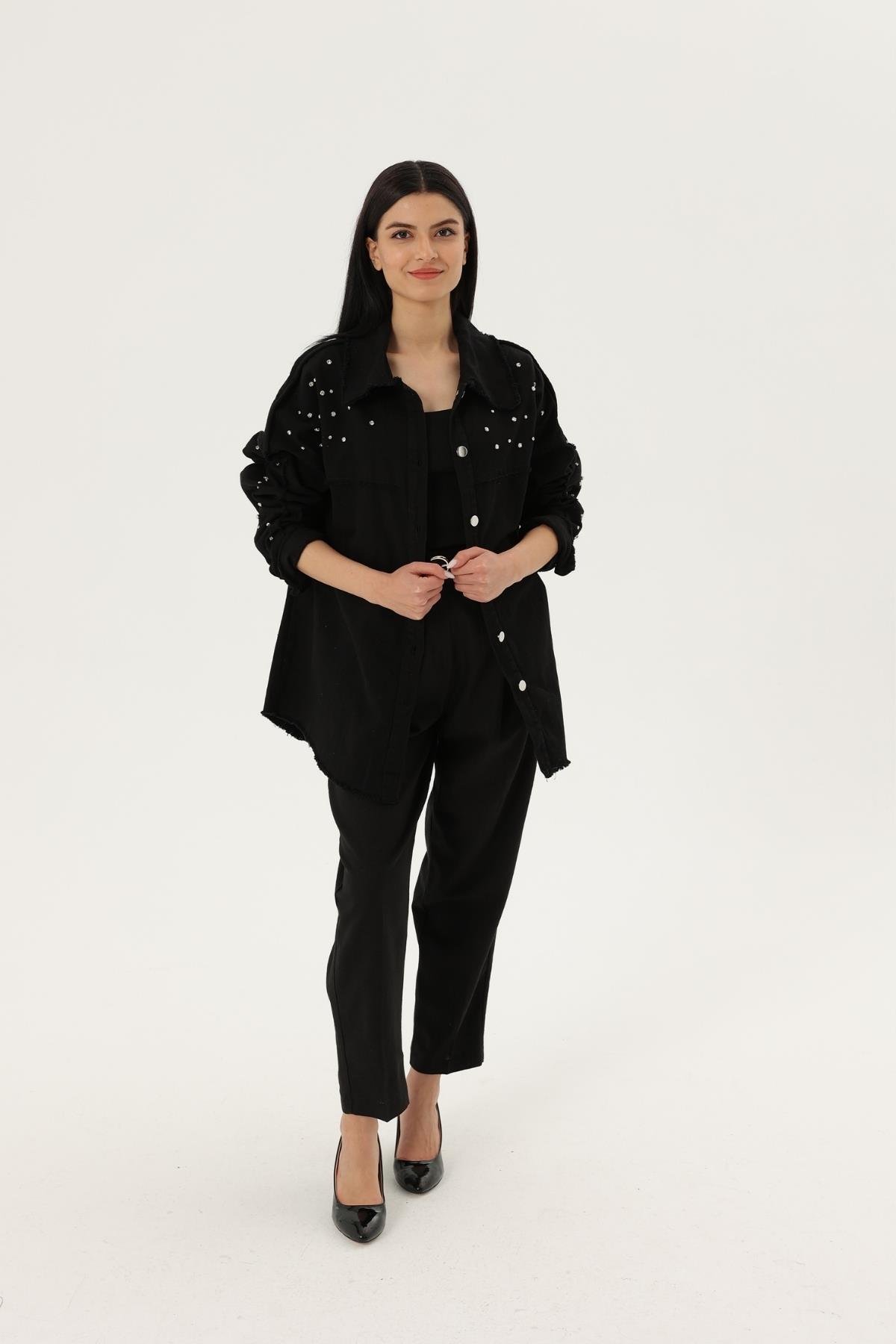 Z2015 4911 Taşlı Gabardin Gömlek - Siyah