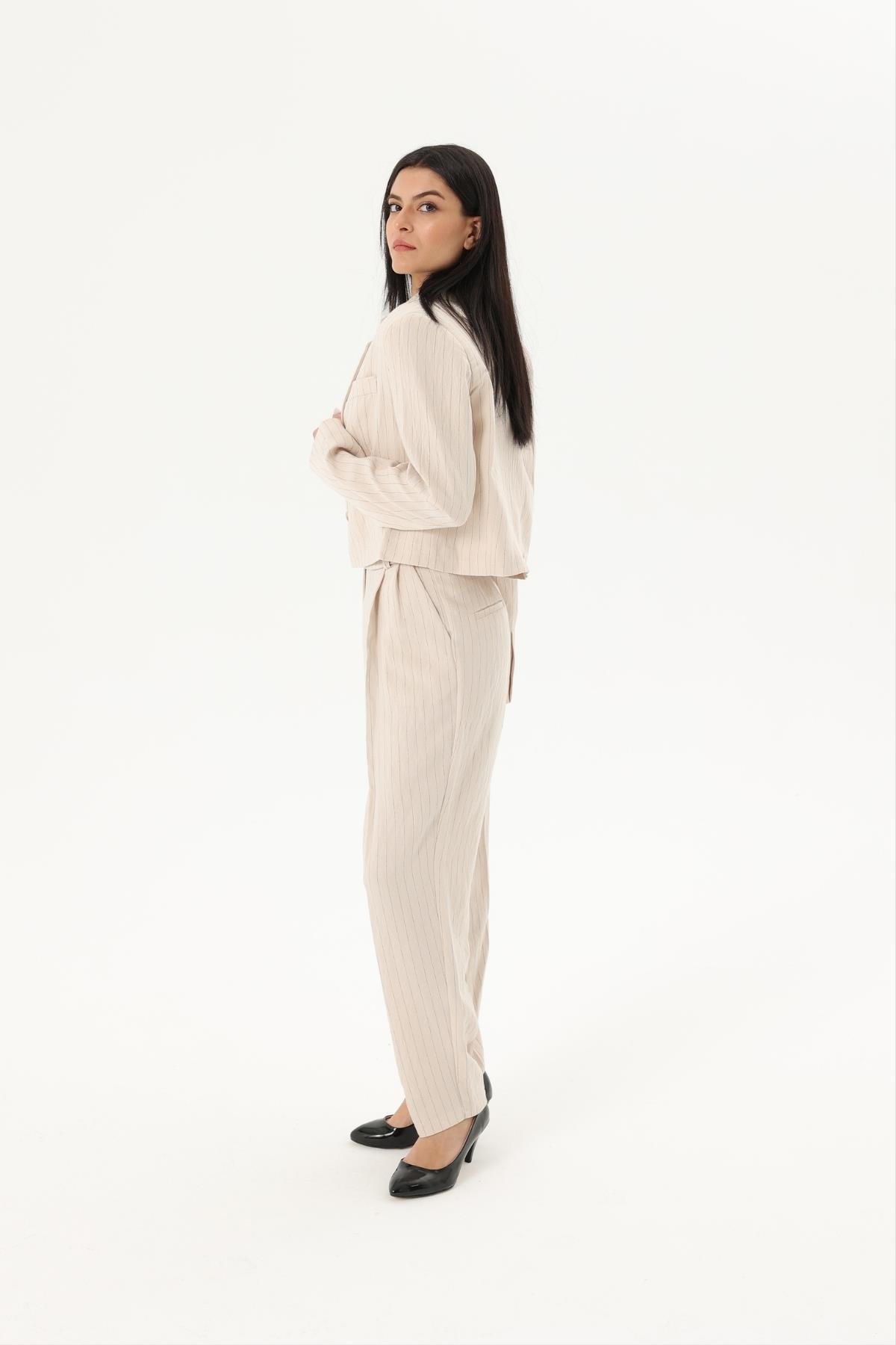 Z2027U Çizgili Ceket - Taş