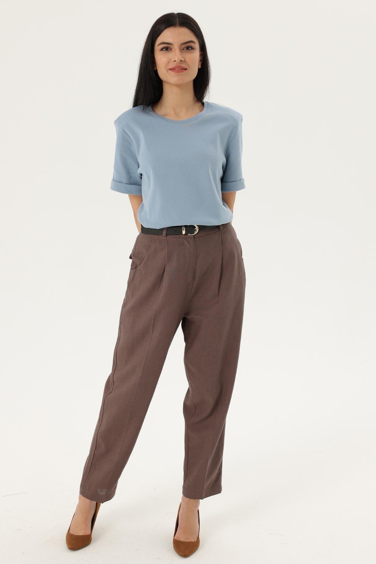 Z2032 50985 Kemerli Keten Pantolon - Kahve