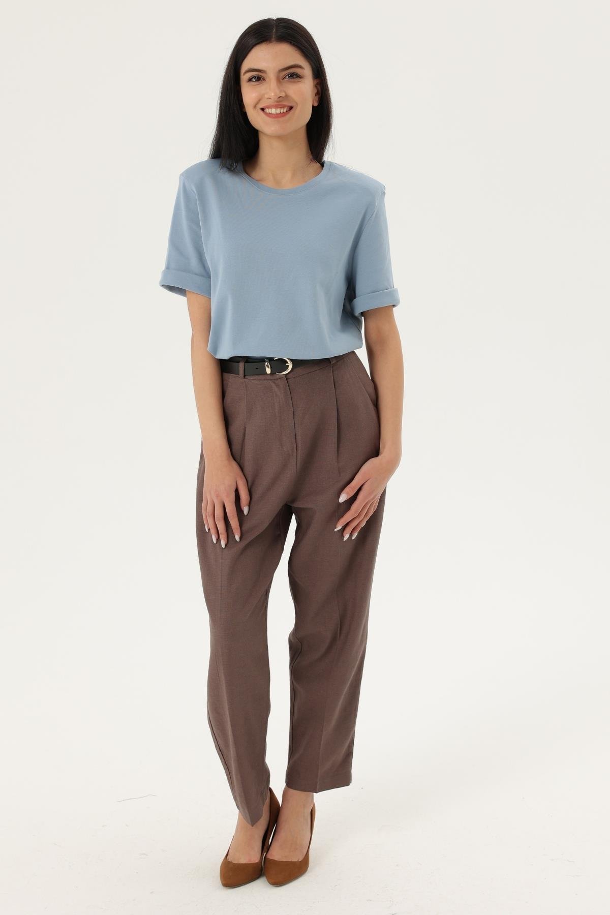 Z2032 50985 Kemerli Keten Pantolon - Kahve