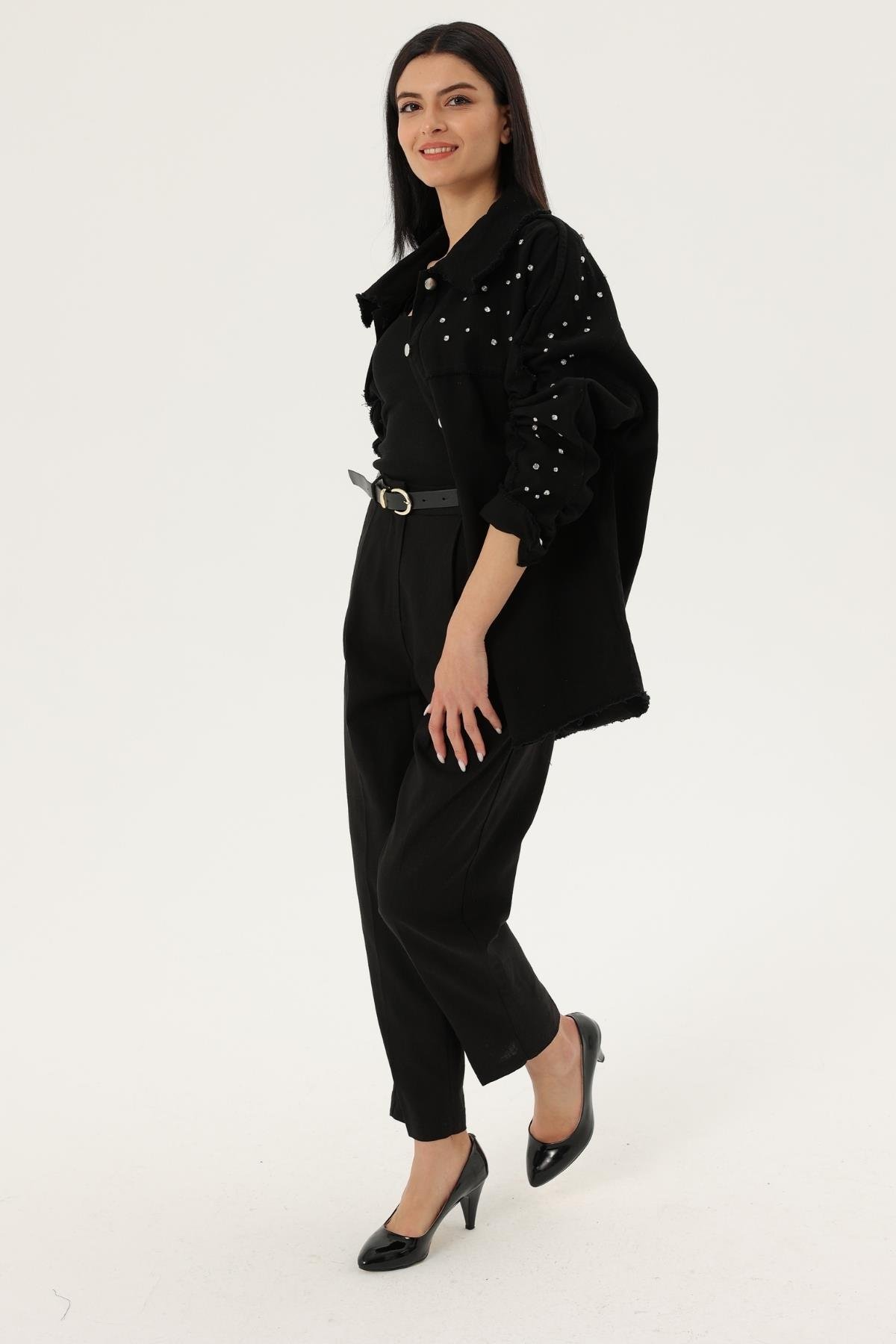 Z2032 50985 Kemerli Keten Pantolon - Siyah