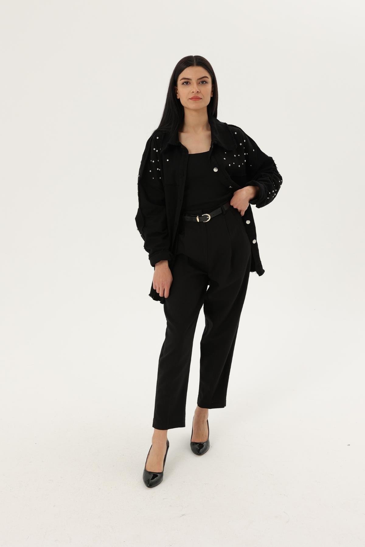 Z2032 50985 Kemerli Keten Pantolon - Siyah