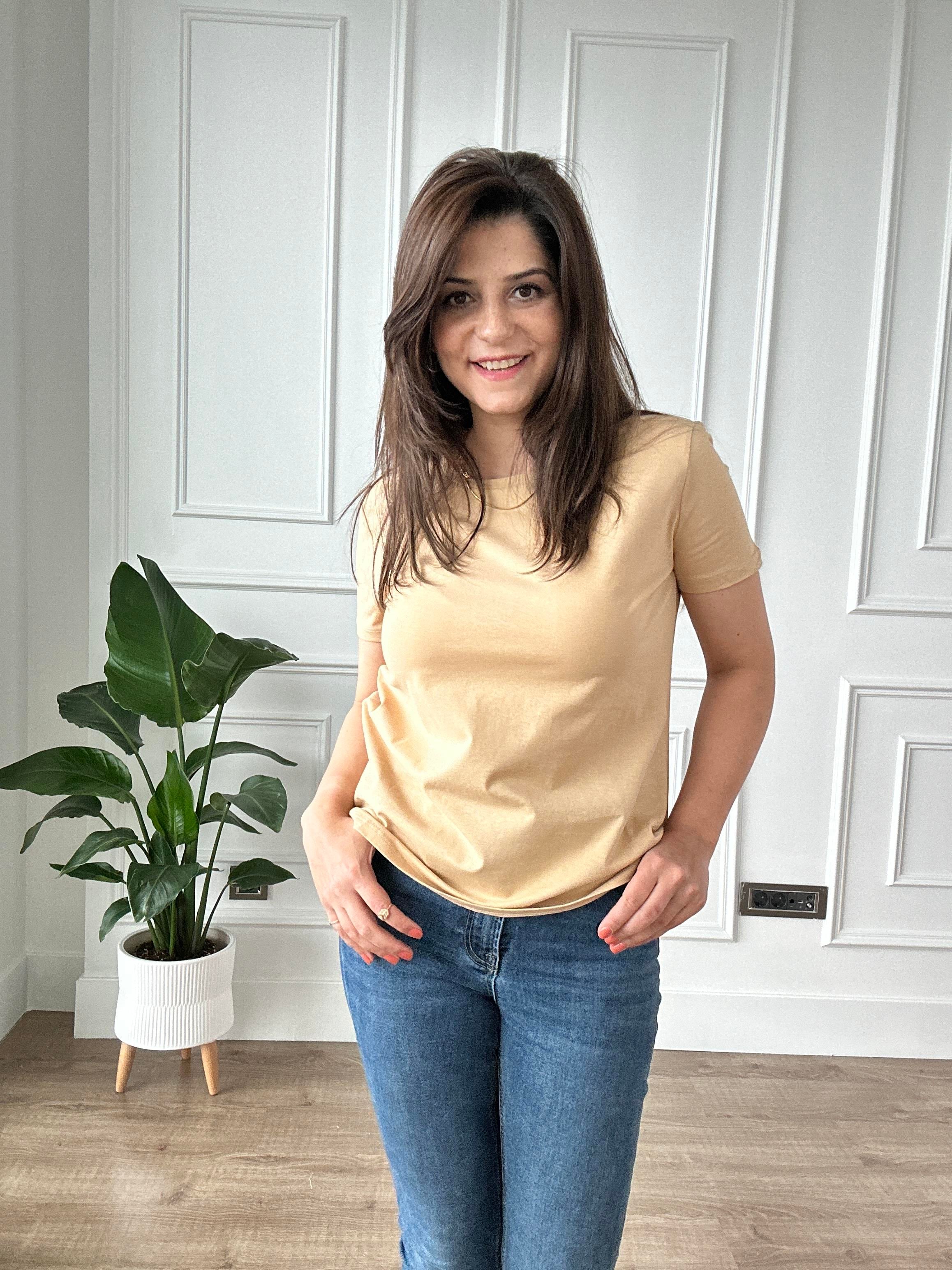 Camel Likralı Bisiklet Yaka Basic Örme Tişört