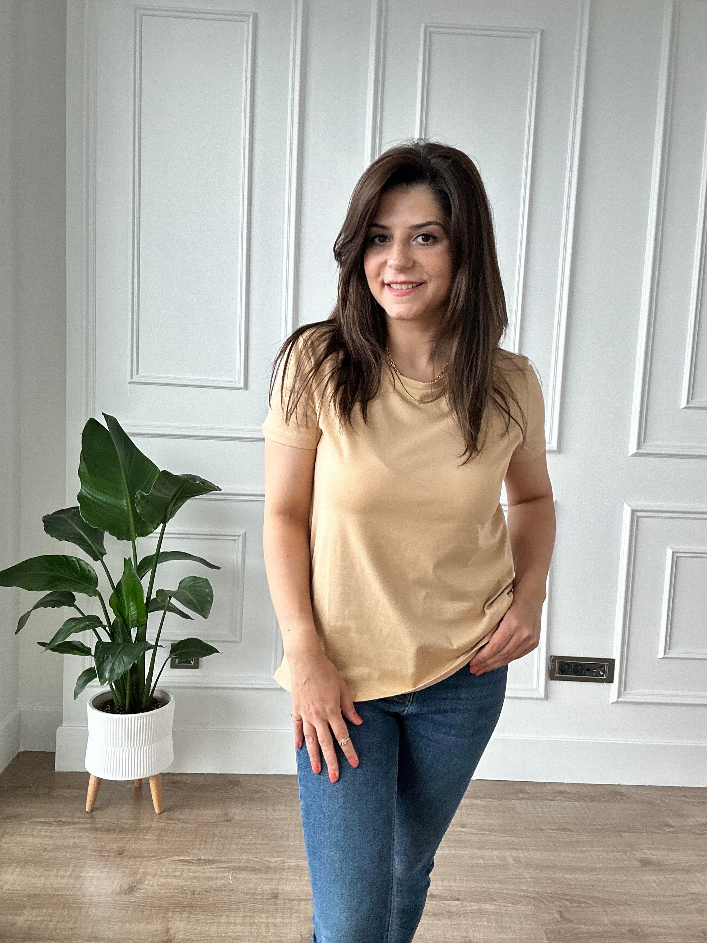 Camel Likralı Bisiklet Yaka Basic Örme Tişört