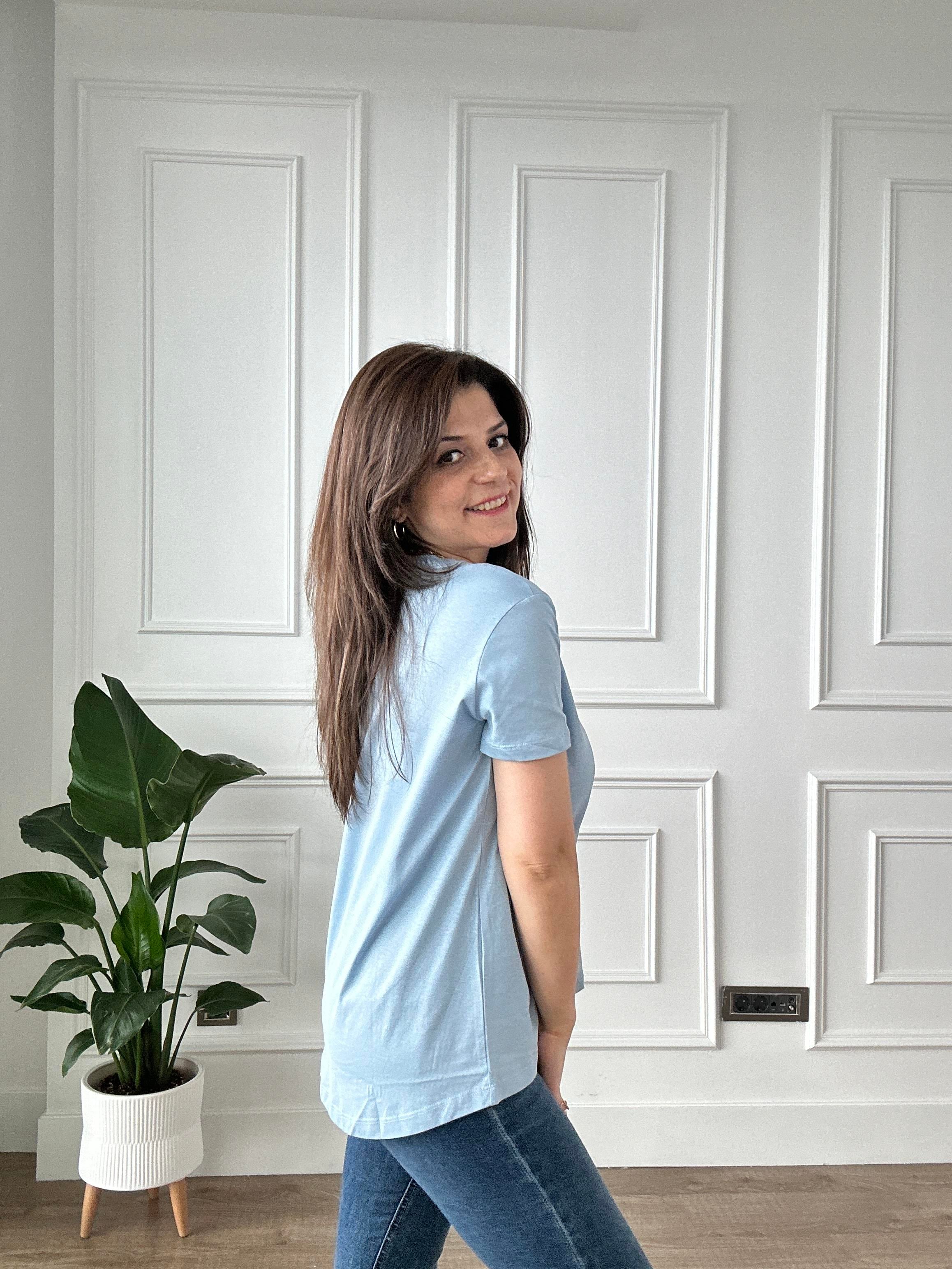 Mavi Likralı Bisiklet Yaka Basic Örme Tişört