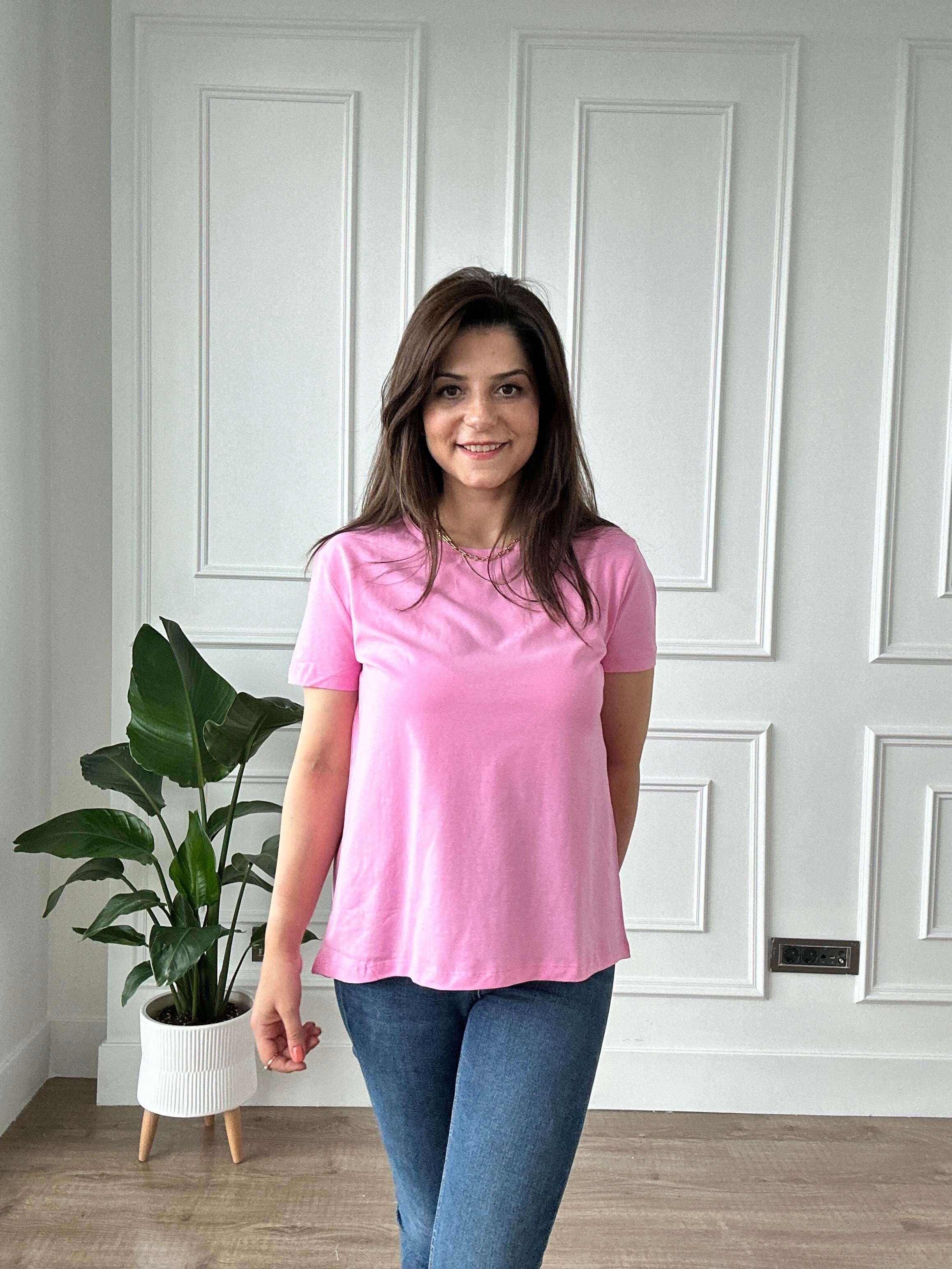 Pembe Likralı Bisiklet Yaka Basic Örme Tişört