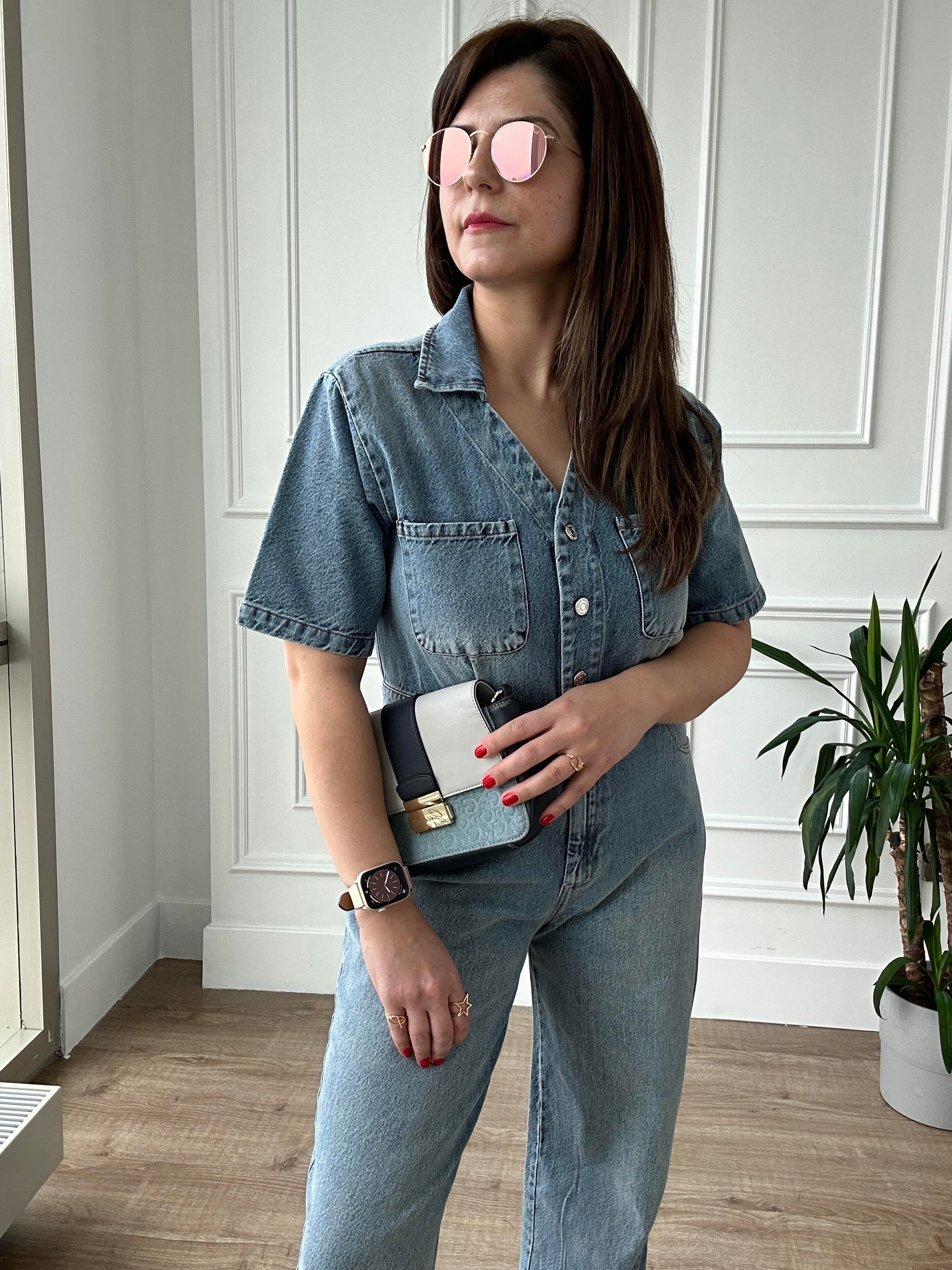V Yaka Mavi Denim Tulum