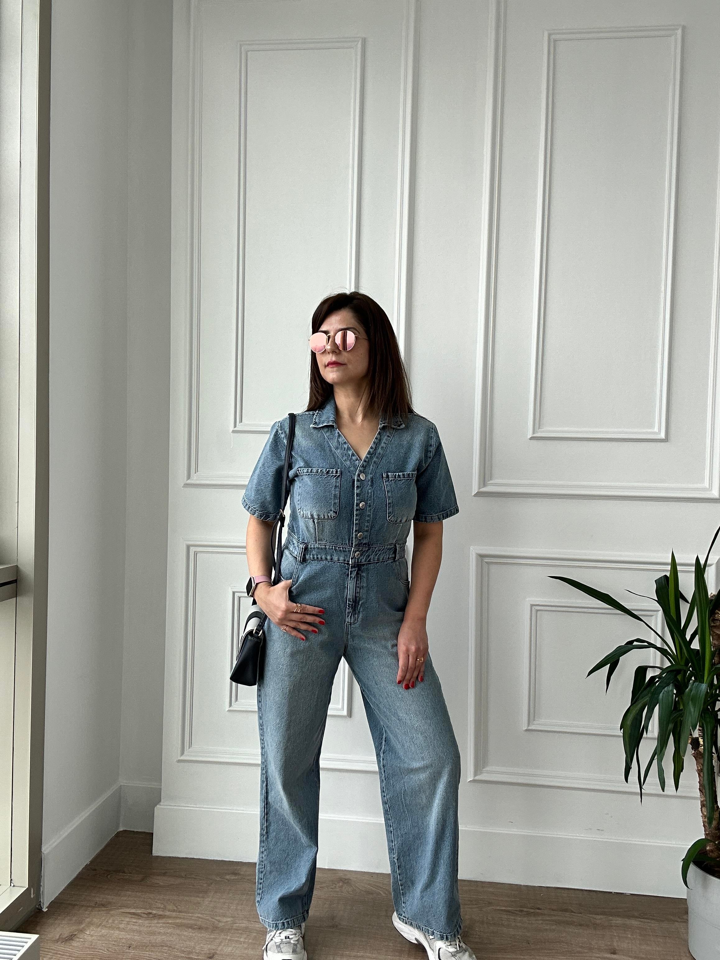 V Yaka Mavi Denim Tulum