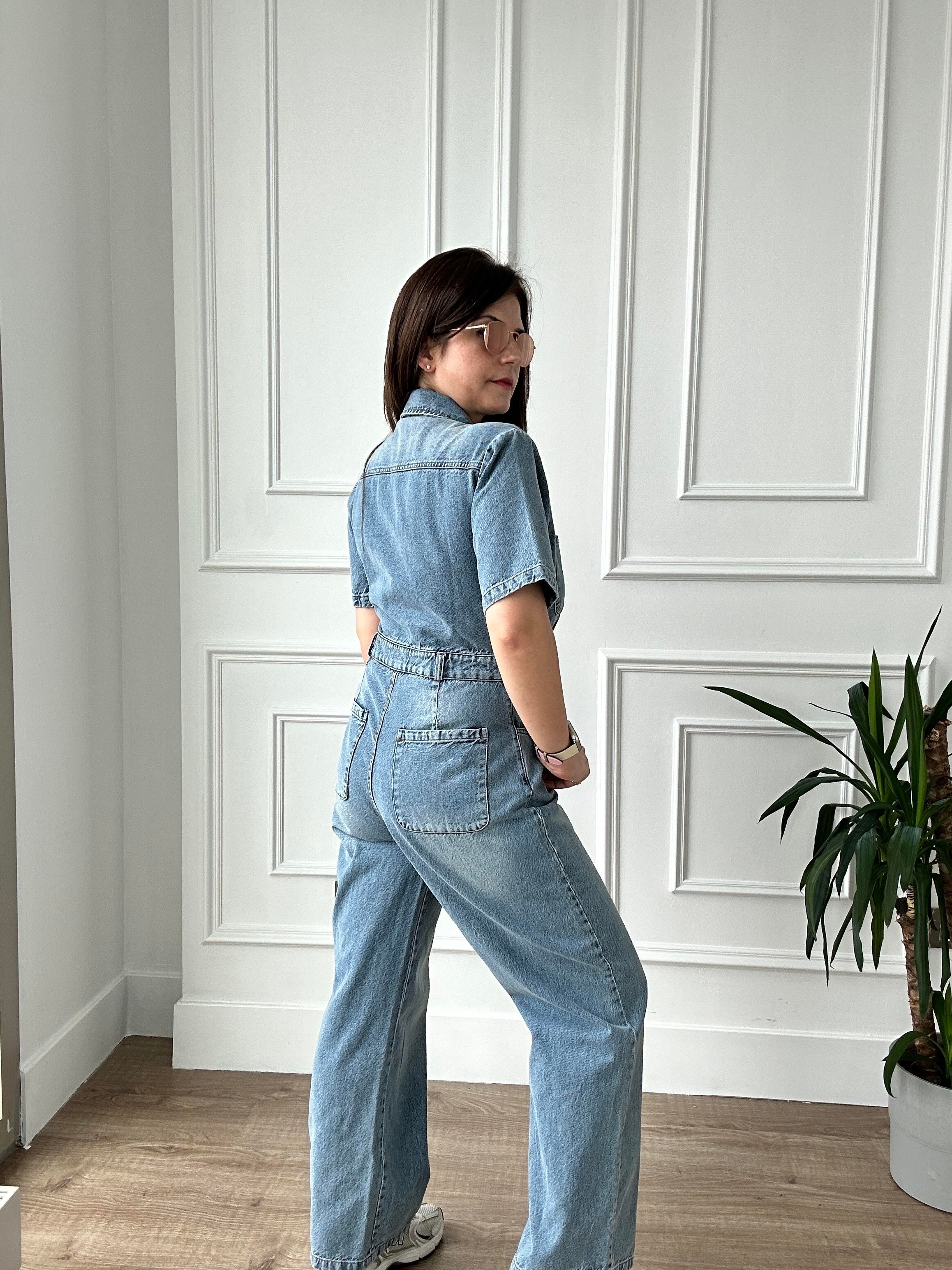 V Yaka Mavi Denim Tulum