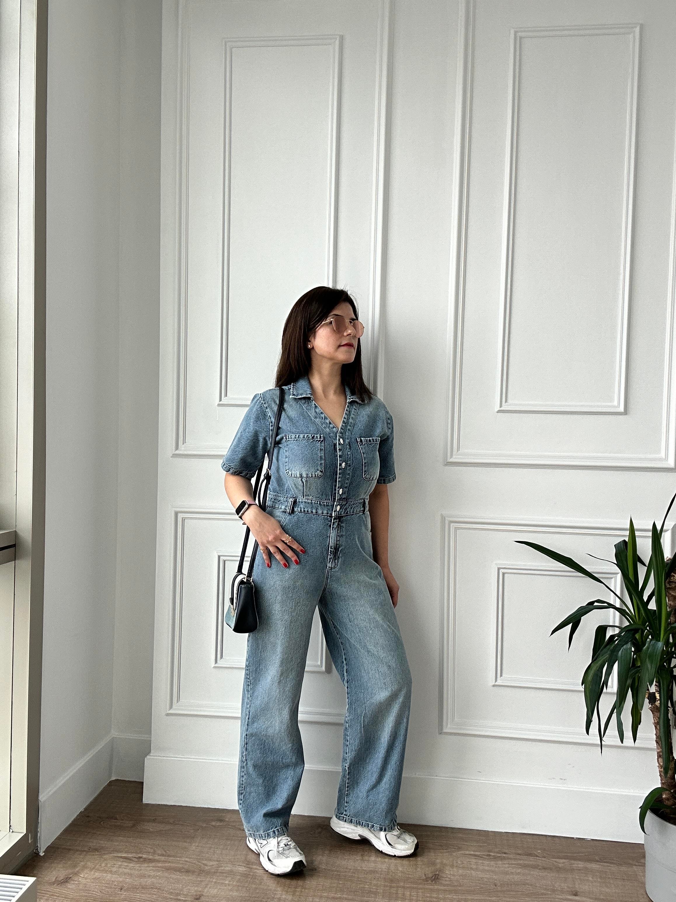 V Yaka Mavi Denim Tulum