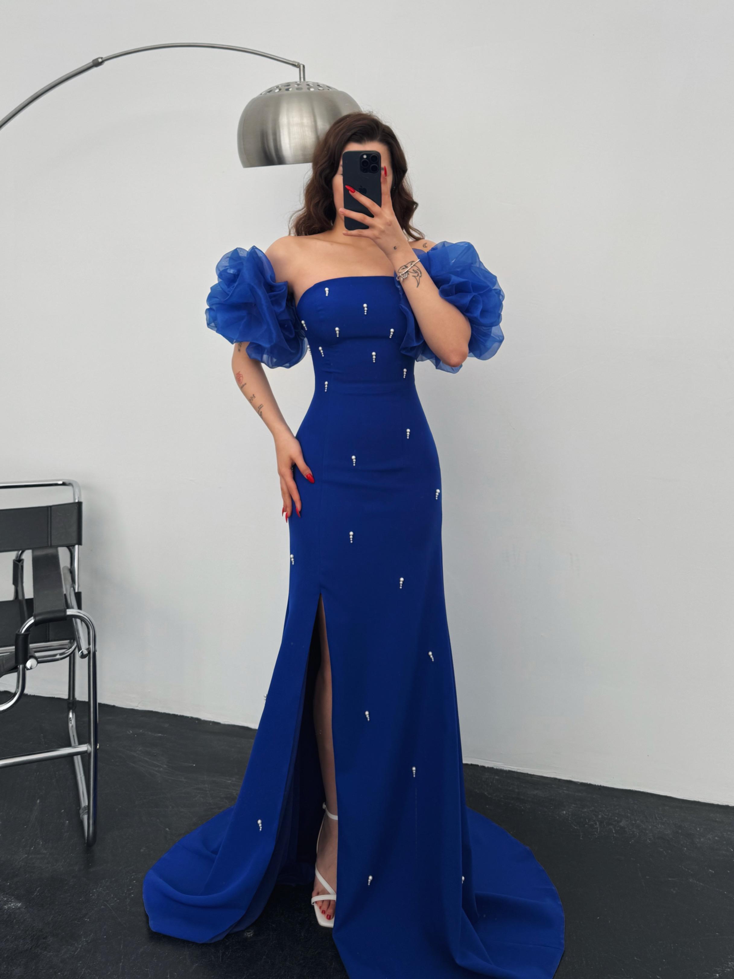 Annabel Balon Kol İnci Detay Saks Mavi Abiye 