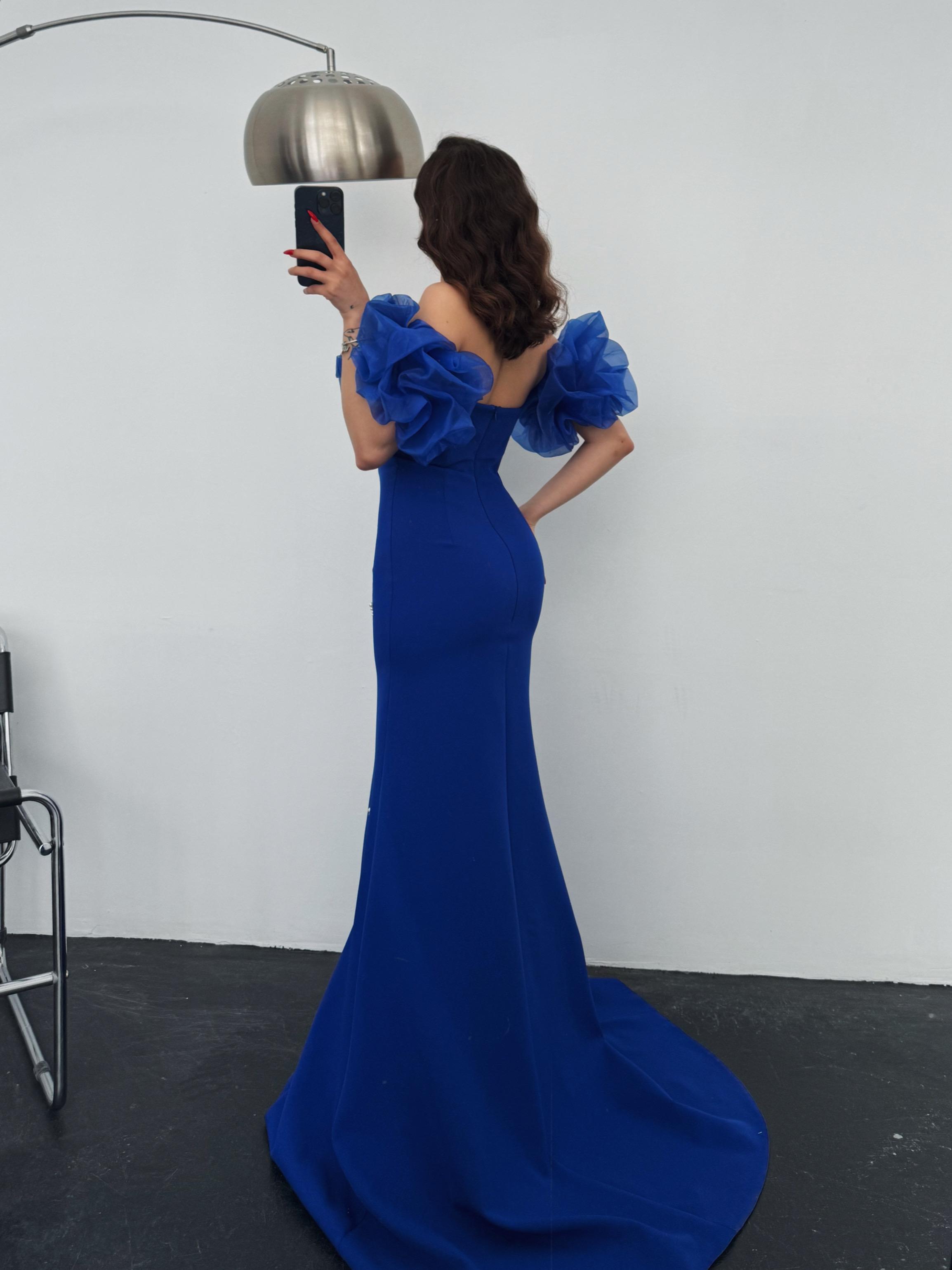 Annabel Balon Kol İnci Detay Saks Mavi Abiye 