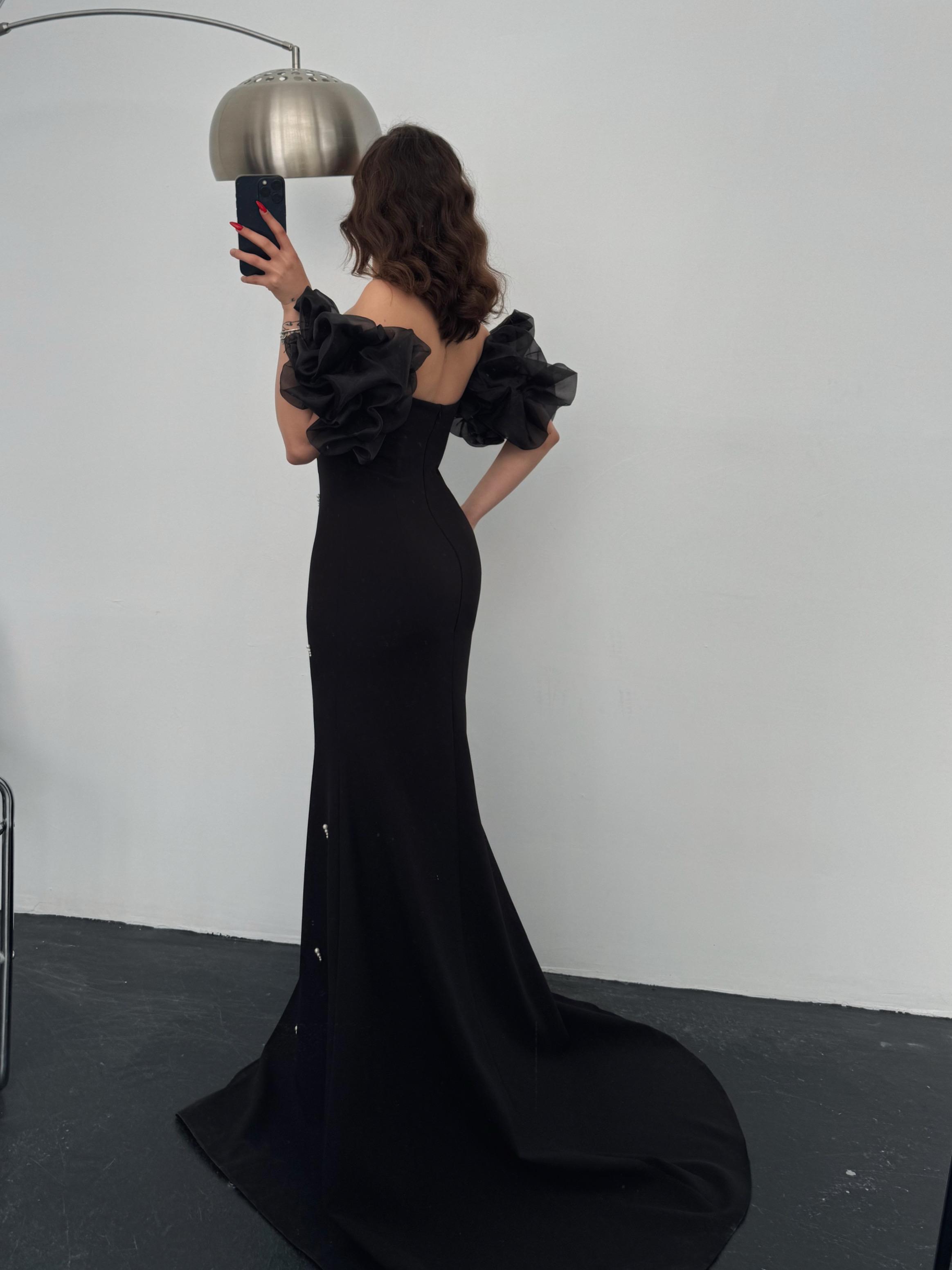 Annabel Balon Kol İnci Detay Siyah Abiye 