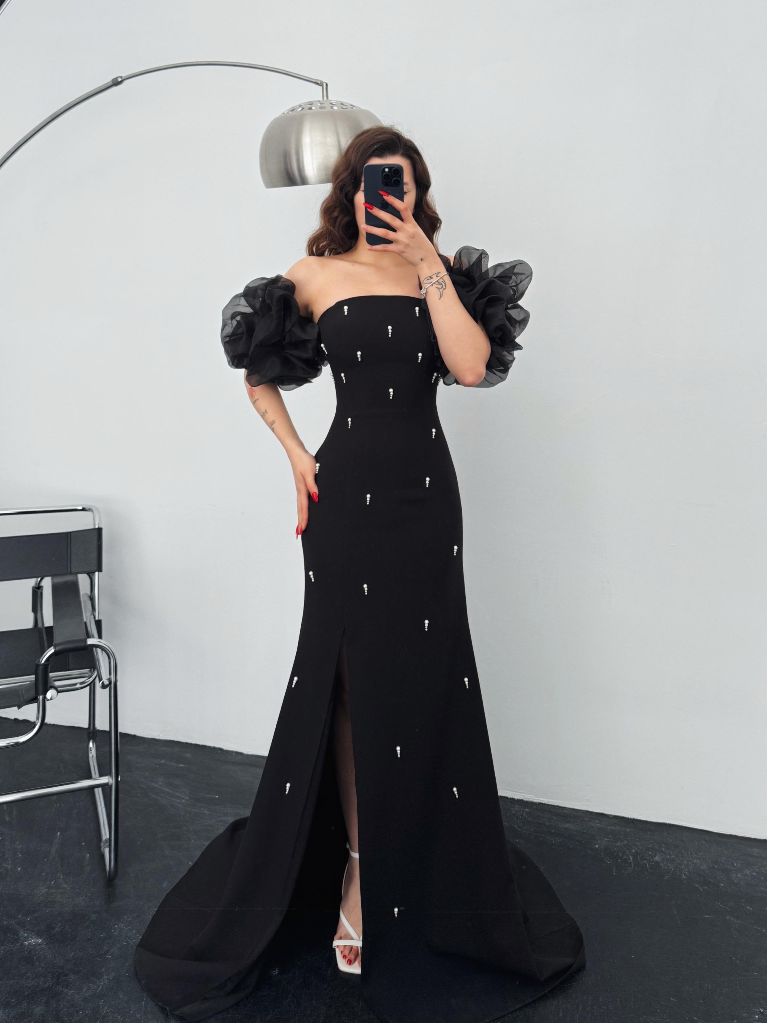 Annabel Balon Kol İnci Detay Siyah Abiye 