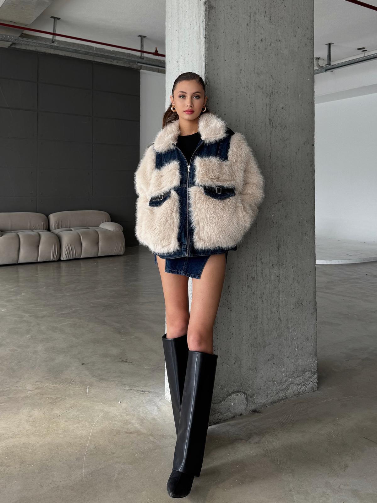 Arisse Denim Kumaş Detay Ekru Peluş Ceket