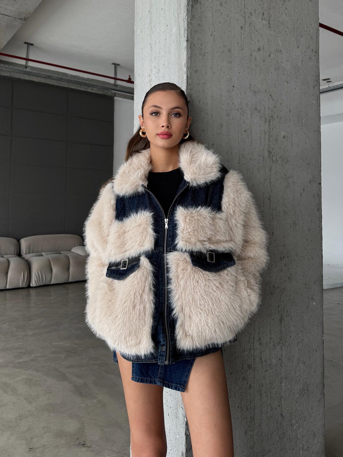 Arisse Denim Kumaş Detay Ekru Peluş Ceket