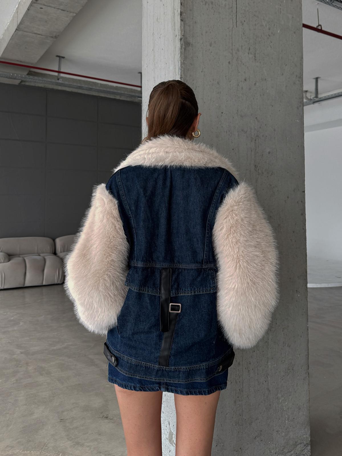 Arisse Denim Kumaş Detay Ekru Peluş Ceket